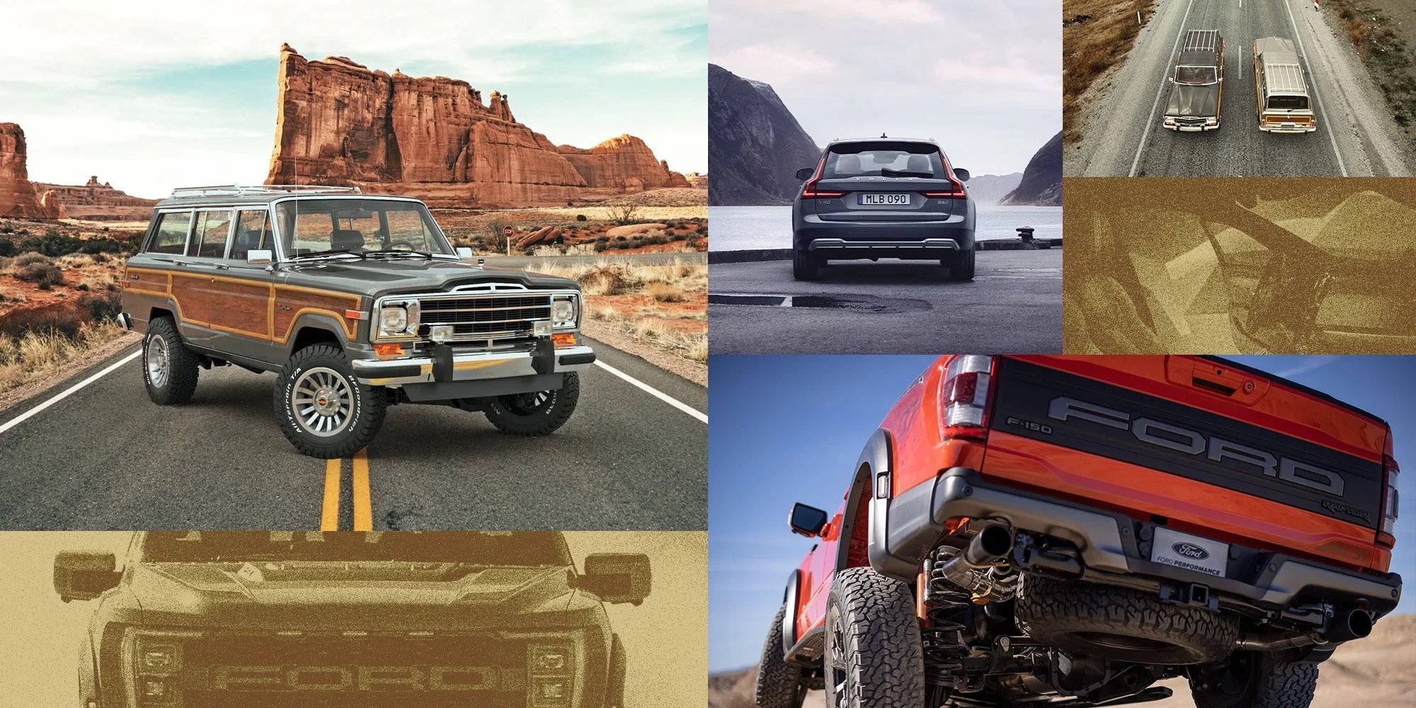 jeep wagoneer sj, ford f 150 raptor, and volvo v90 cross country
