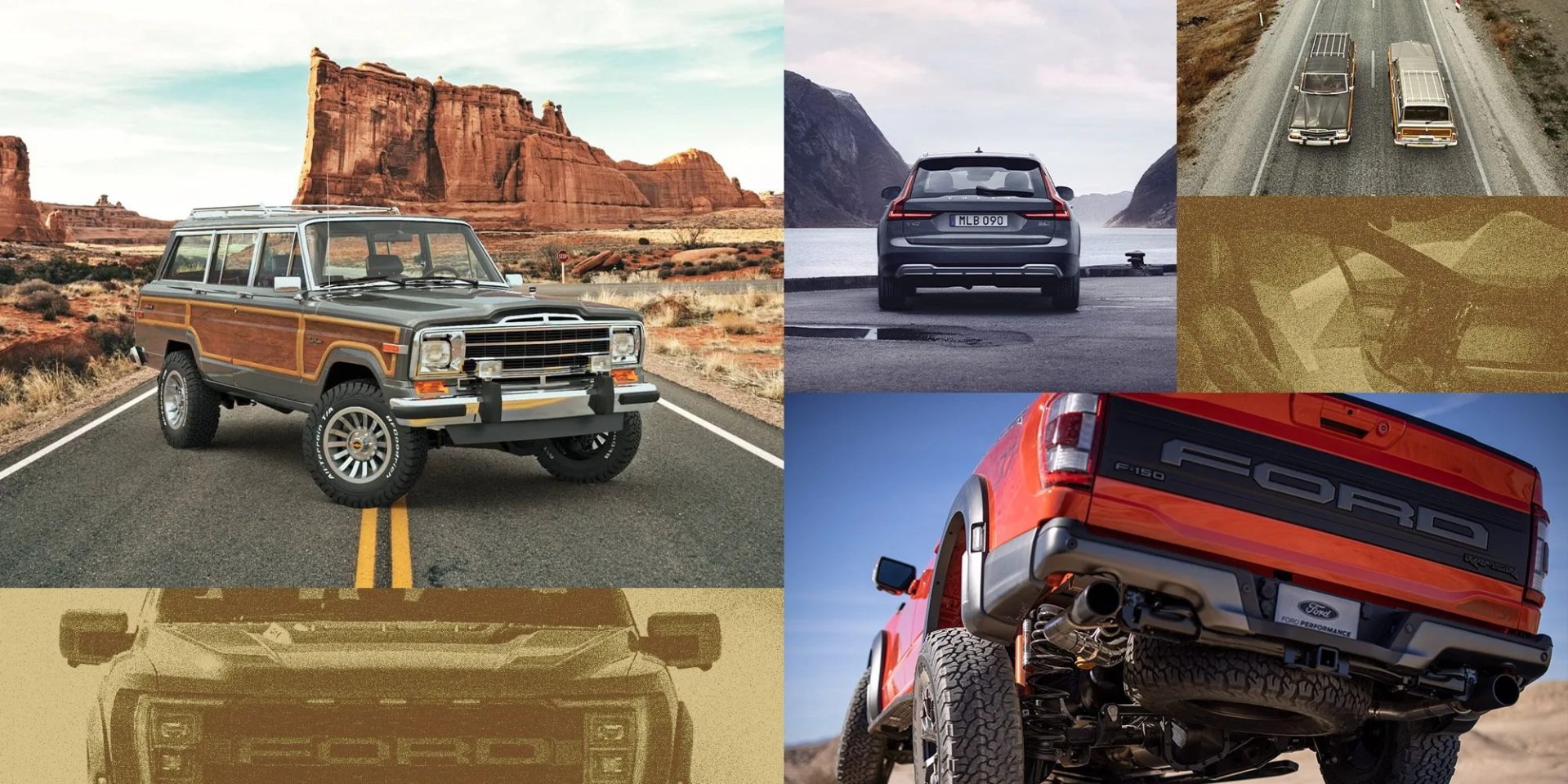 jeep wagoneer sj, ford f 150 raptor, and volvo v90 cross country