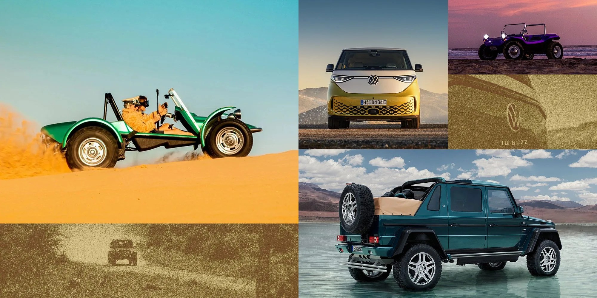 the meyers manx dune buggy, mercedes maybach g 650 landaulet, and volkswagen id buzz ev van