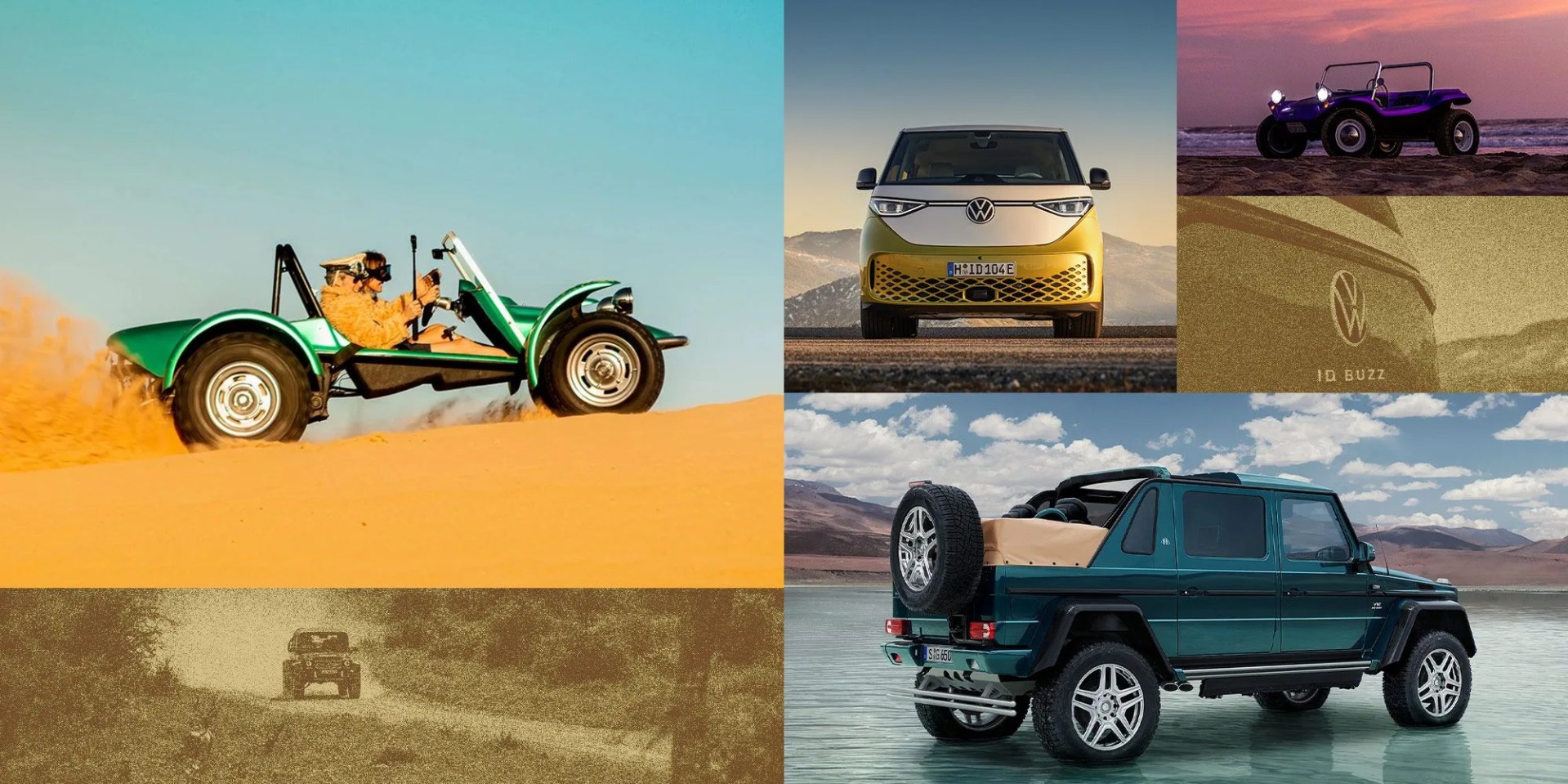 the meyers manx dune buggy, mercedes maybach g 650 landaulet, and volkswagen id buzz ev van