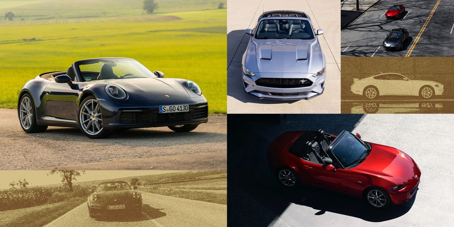 mazda mx 5 miata, porsche 911 carrera cabriolet, and ford mustang ecoboost