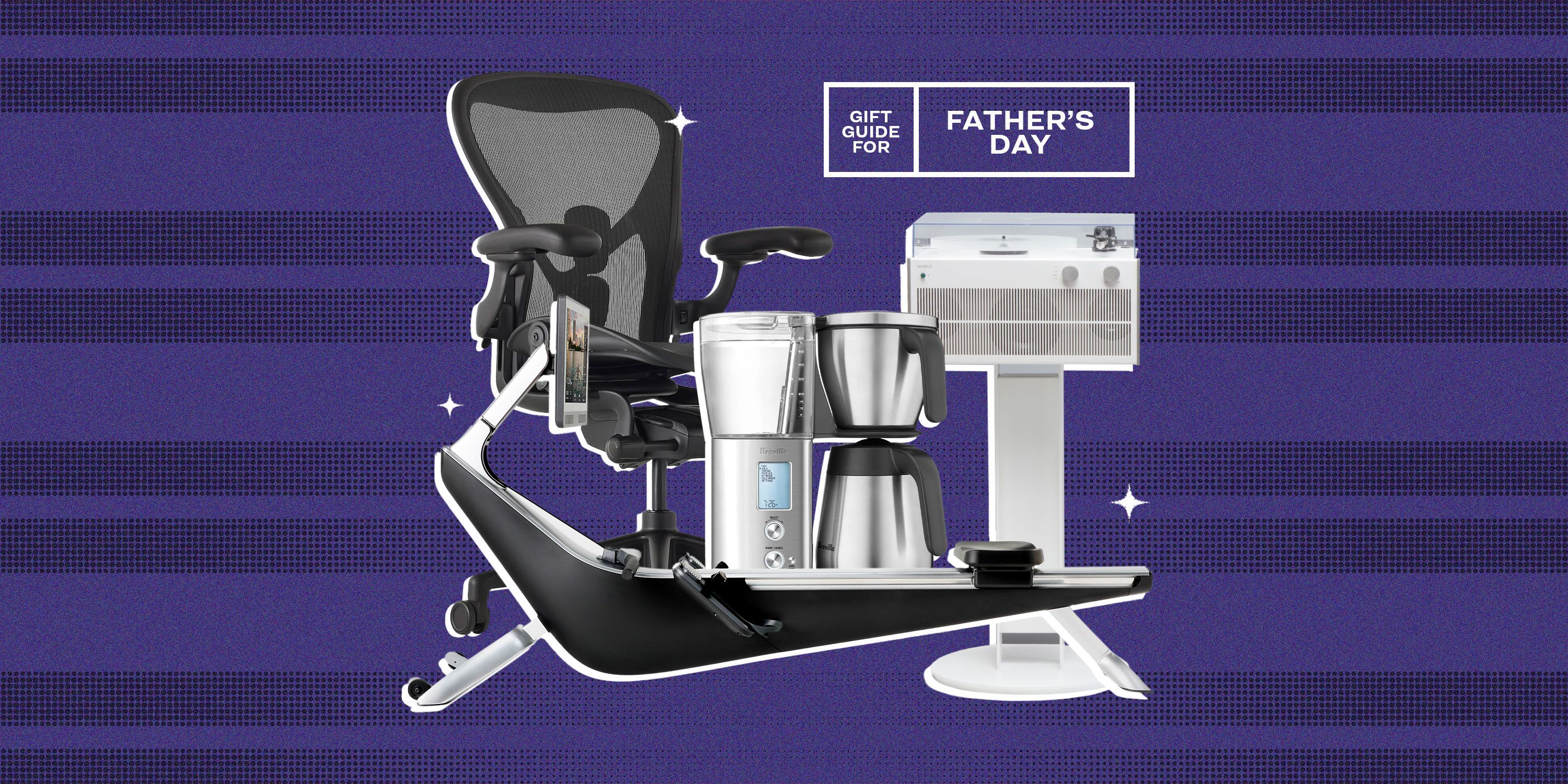 gift guide for father's day hydrow rowing machine, coffee, speaker turntable, and office chair