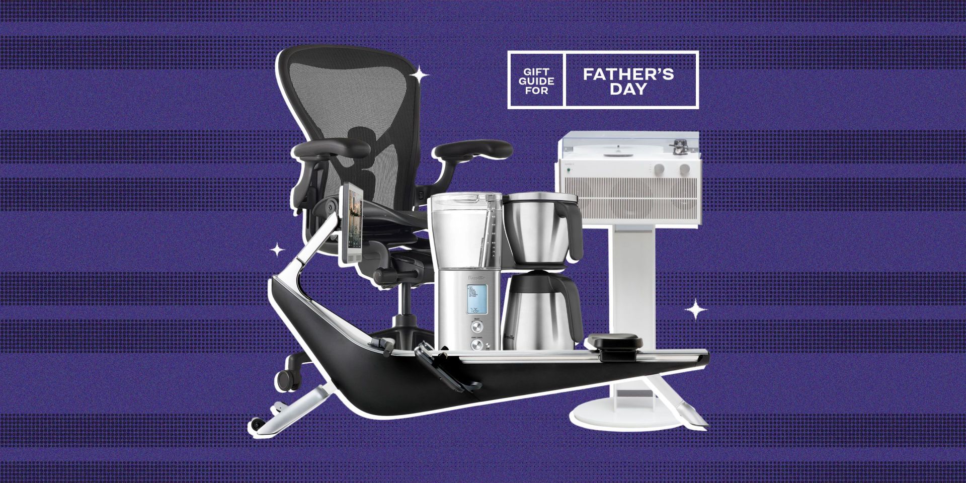 gift guide for father's day hydrow rowing machine, coffee, speaker turntable, and office chair