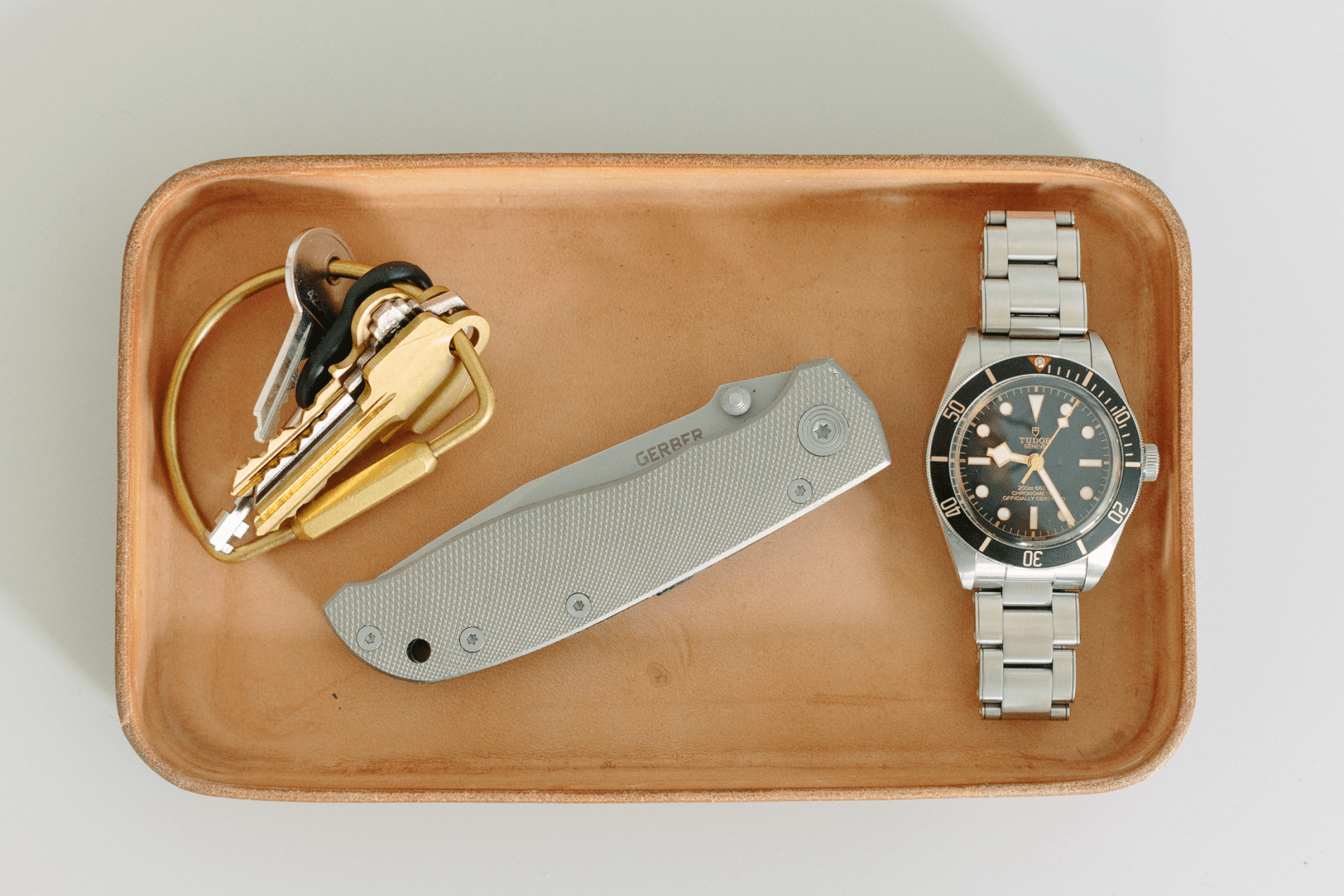 gerber knife with watch and keys