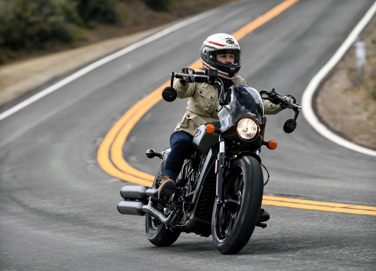 woman riding the 2022 indian scout rogue motorcycle