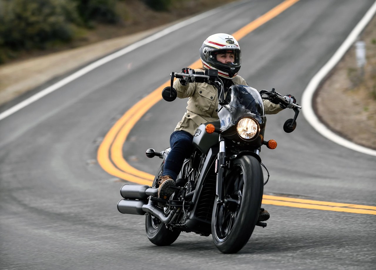 woman riding the 2022 indian scout rogue motorcycle