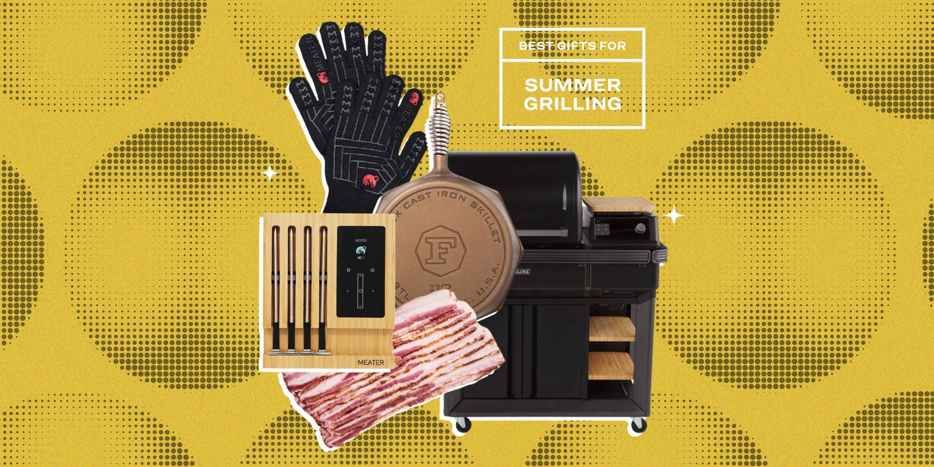 best gifts for summer grilling meater thermometer, gloves, pan, bacon, and grill