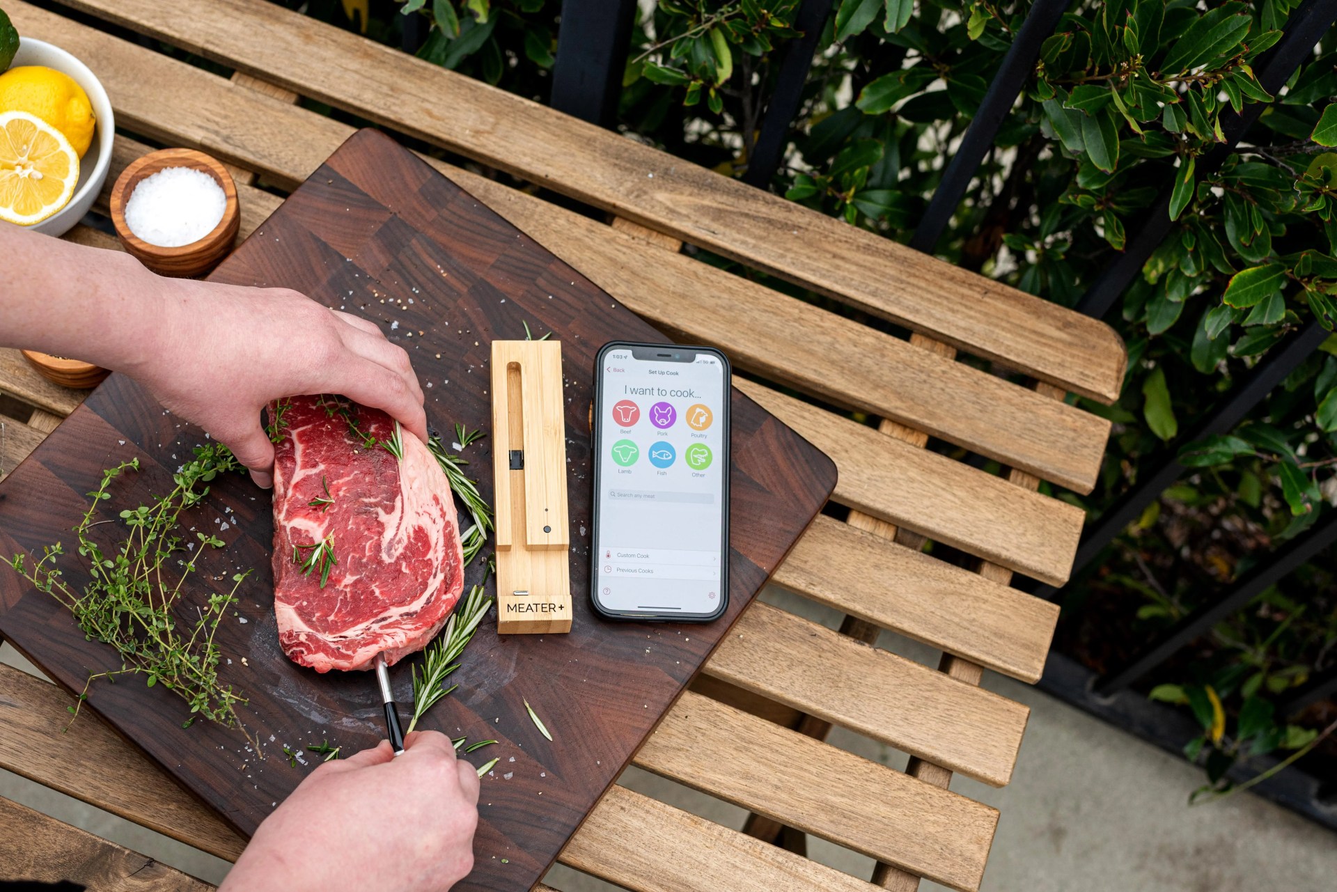 meater block thermometer measuring steak