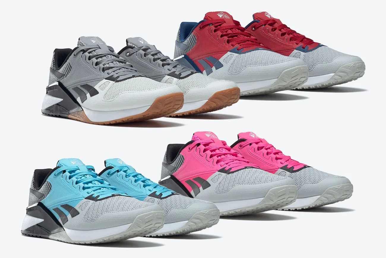 reebok nano 6000 in gray, red, blue, and pink