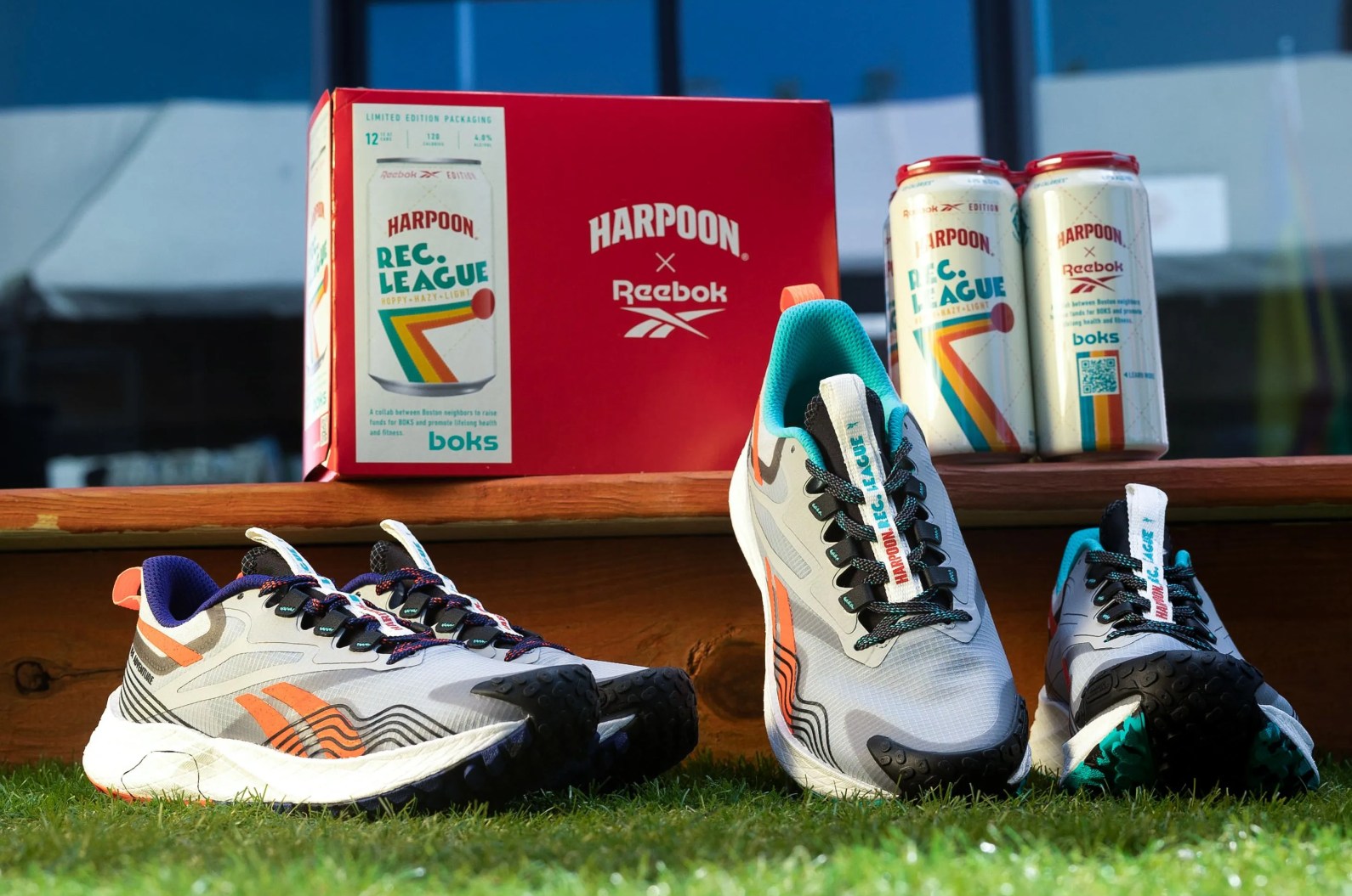 harpoon brewery beer and reebok shoes on a step
