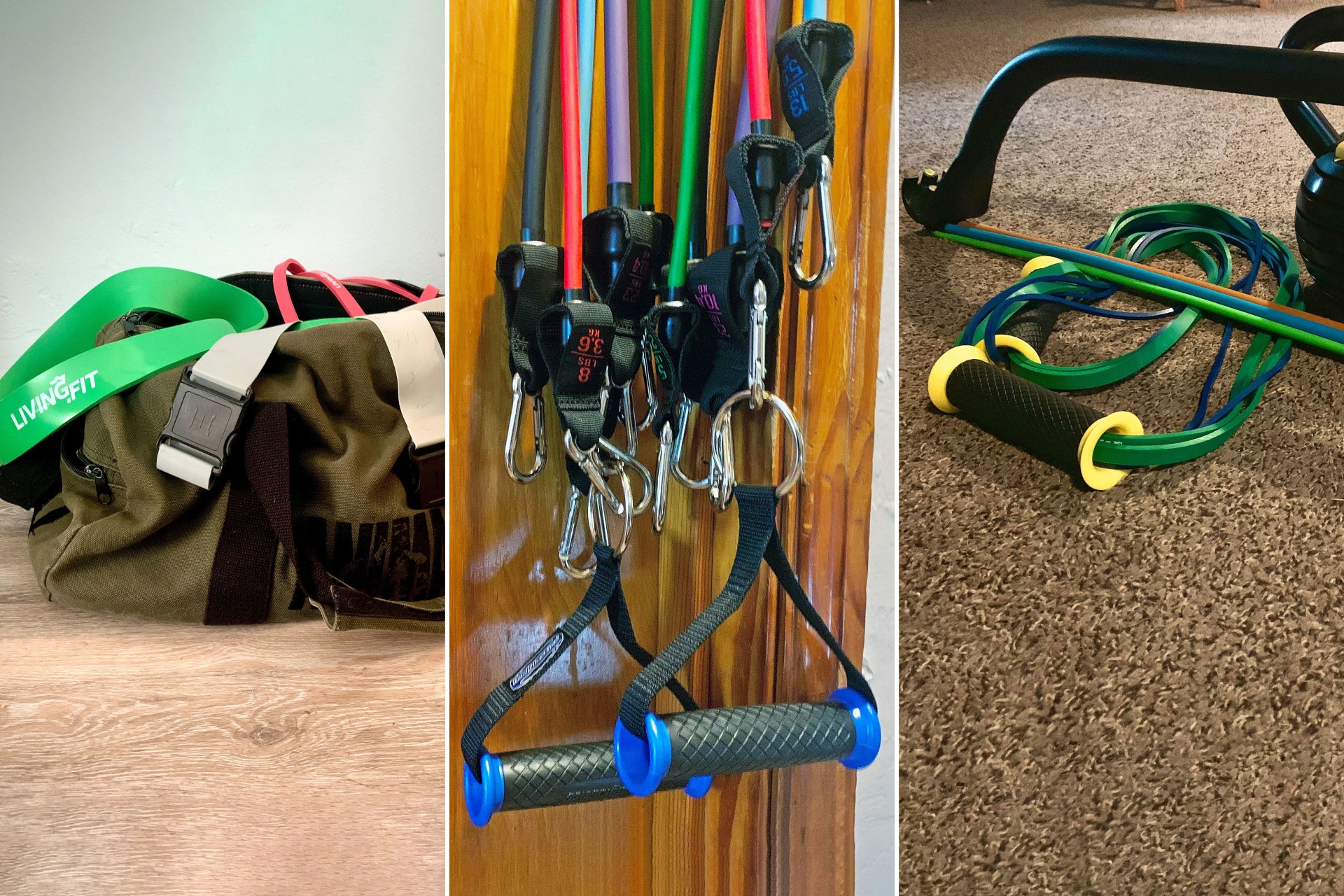 resistance bands in a duffel bag, hanging on a wall, and laying on the floor