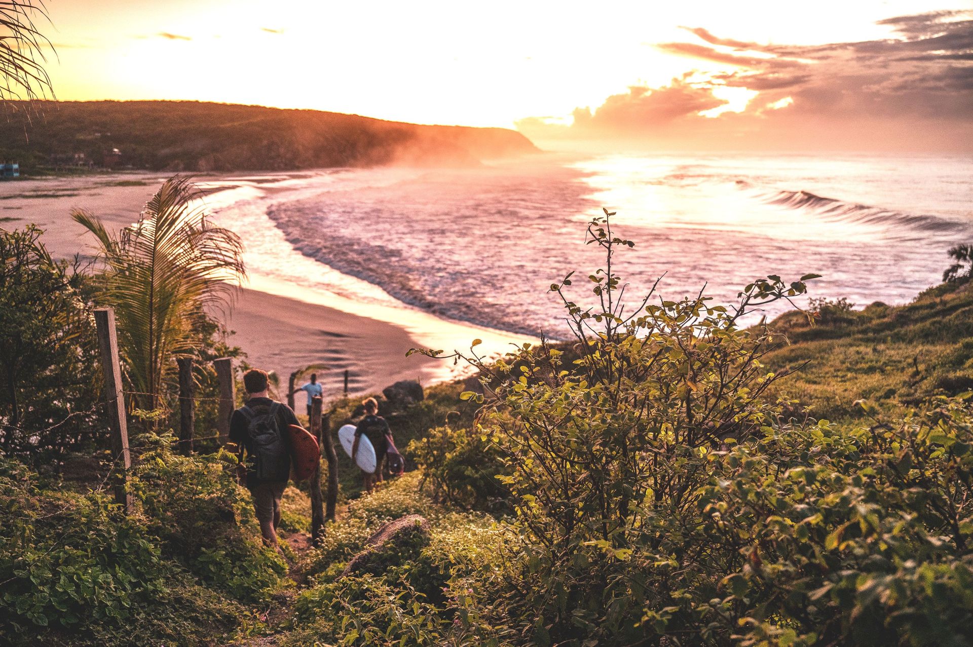 surfers carrying their surfboard heading down to the beach