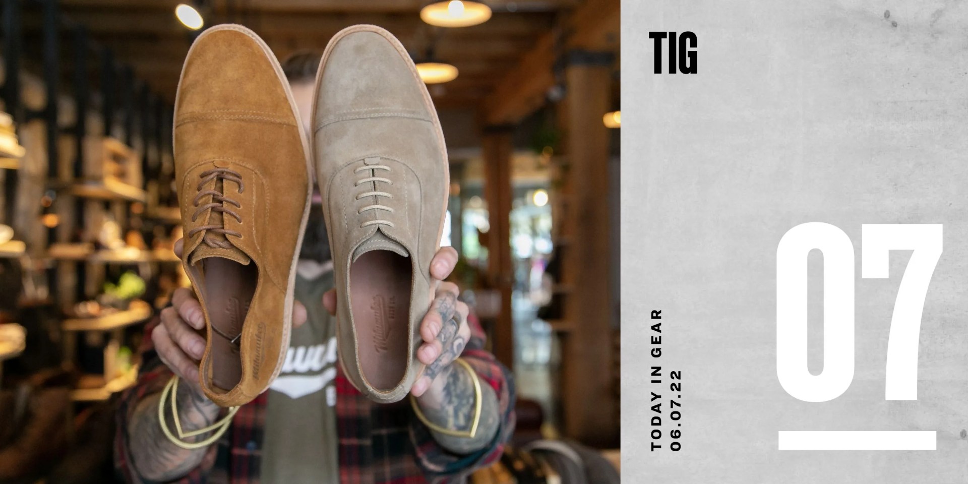 today in gear may 7 2022 man holding up two different milwaukee boot co kinnickinnic casual cap toe shoe