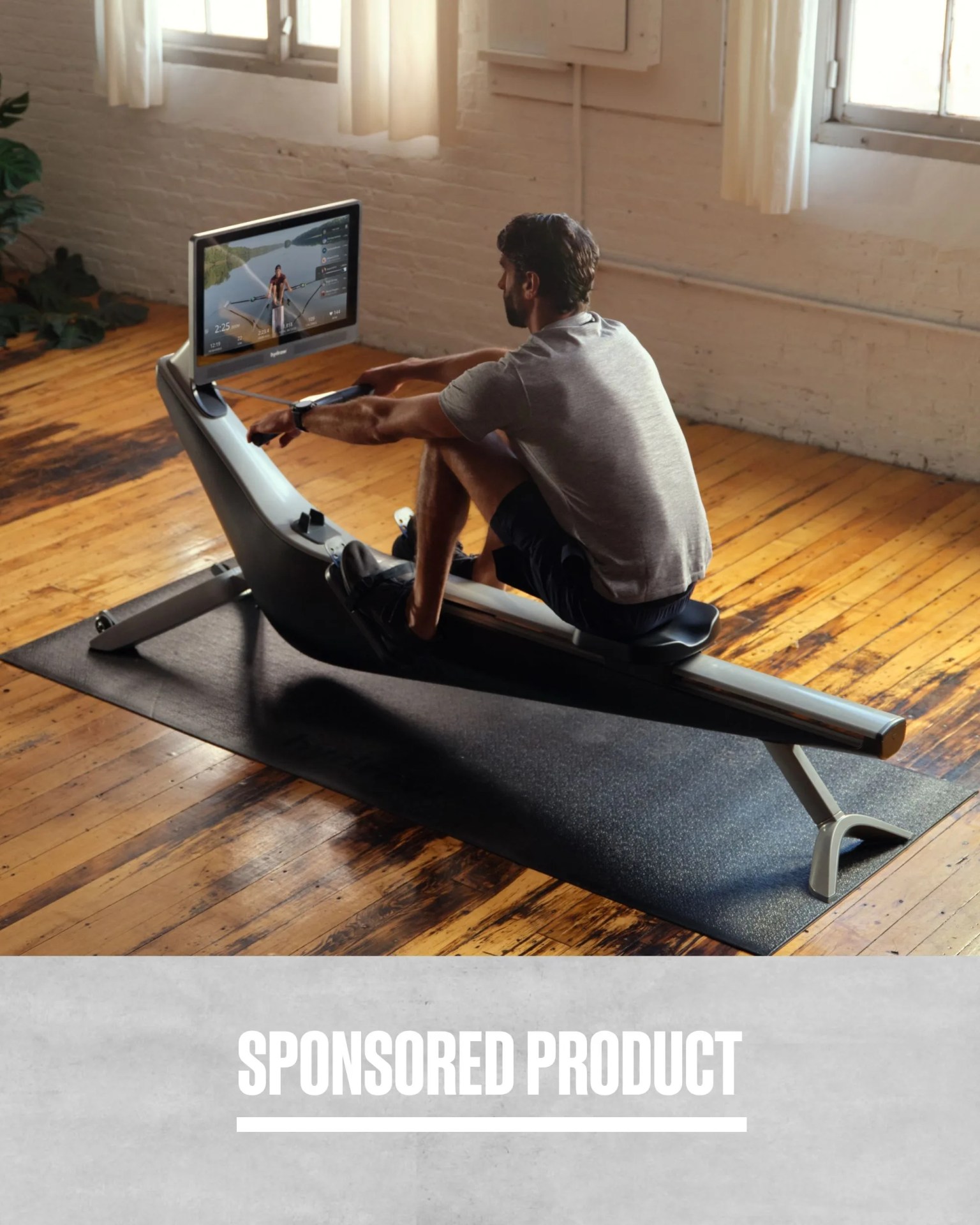 sponsored product man working out on hydrow rowing machine