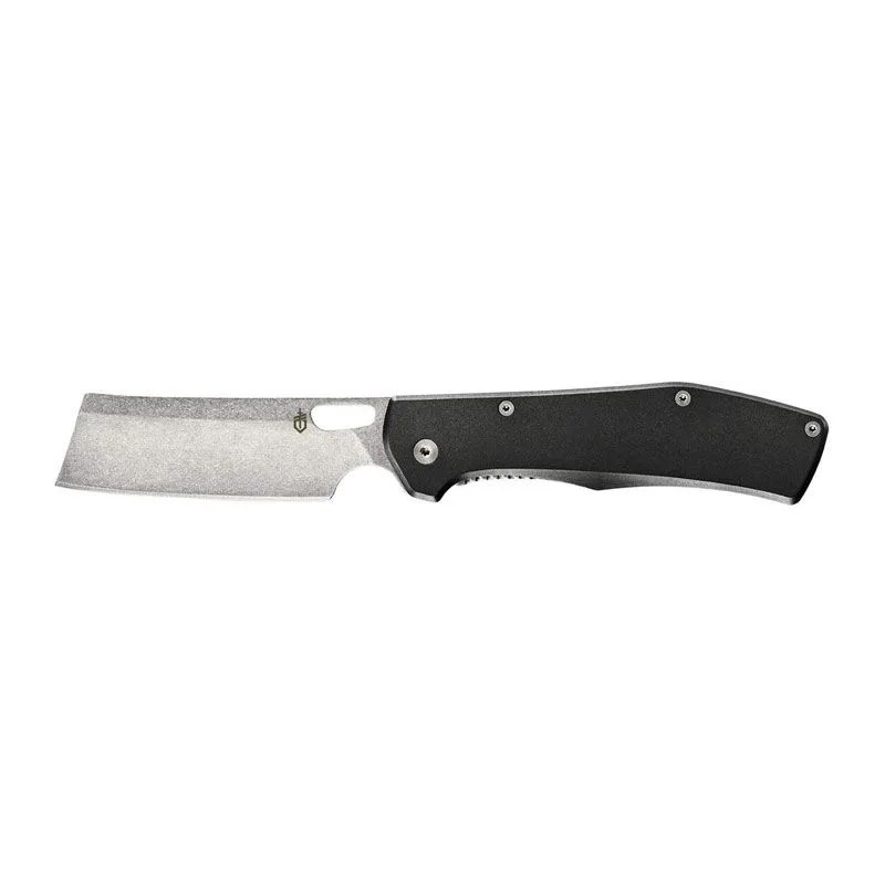 a folding pocket knife with a black handle
