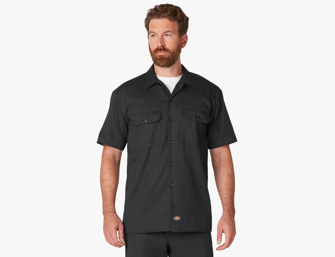 man wearing a dickies short sleeve work shirt