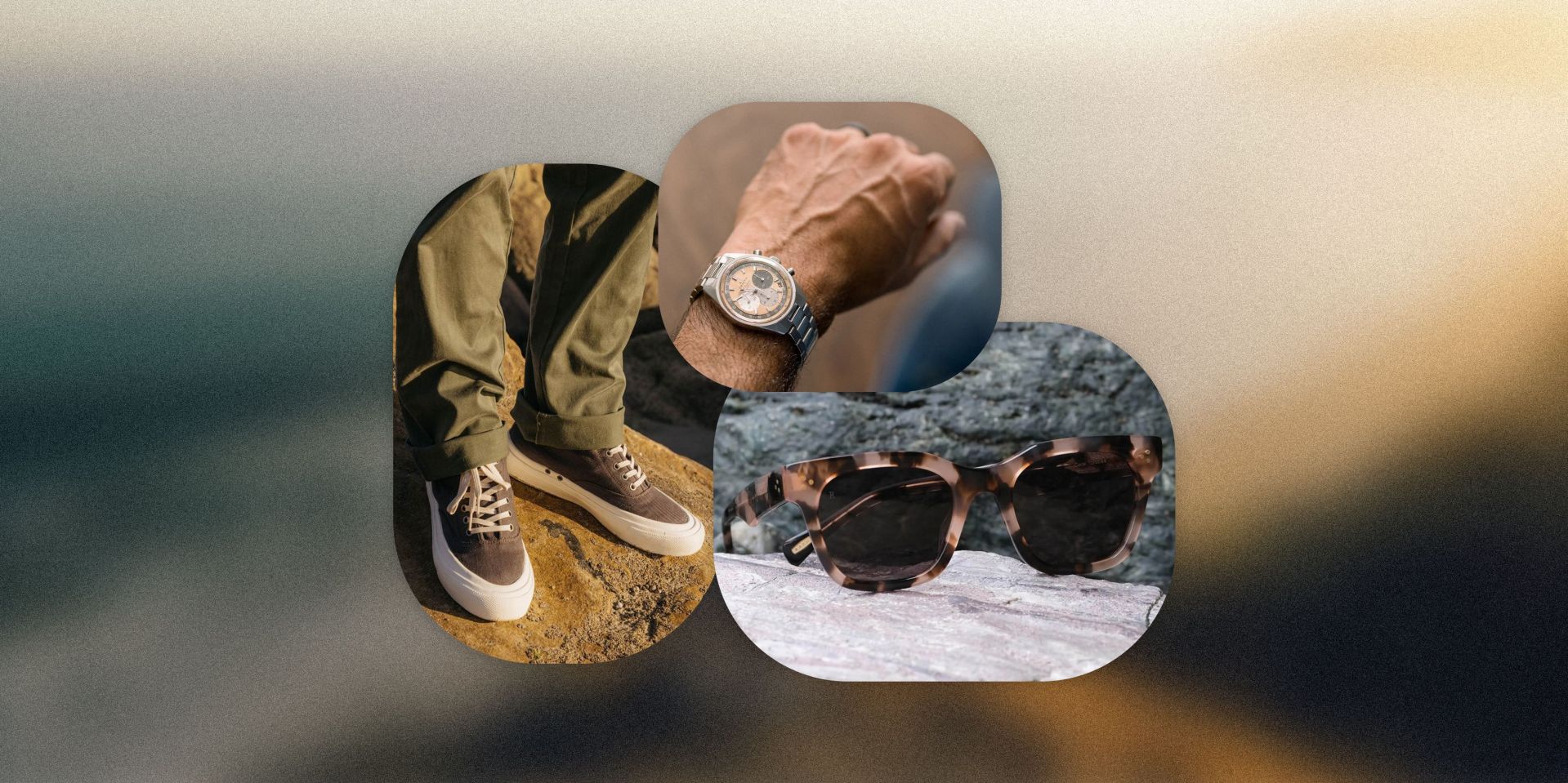 collage of someone wearing green pants and seavees shoes, a watch on a mans hand, and sunglasses sitting on a rock