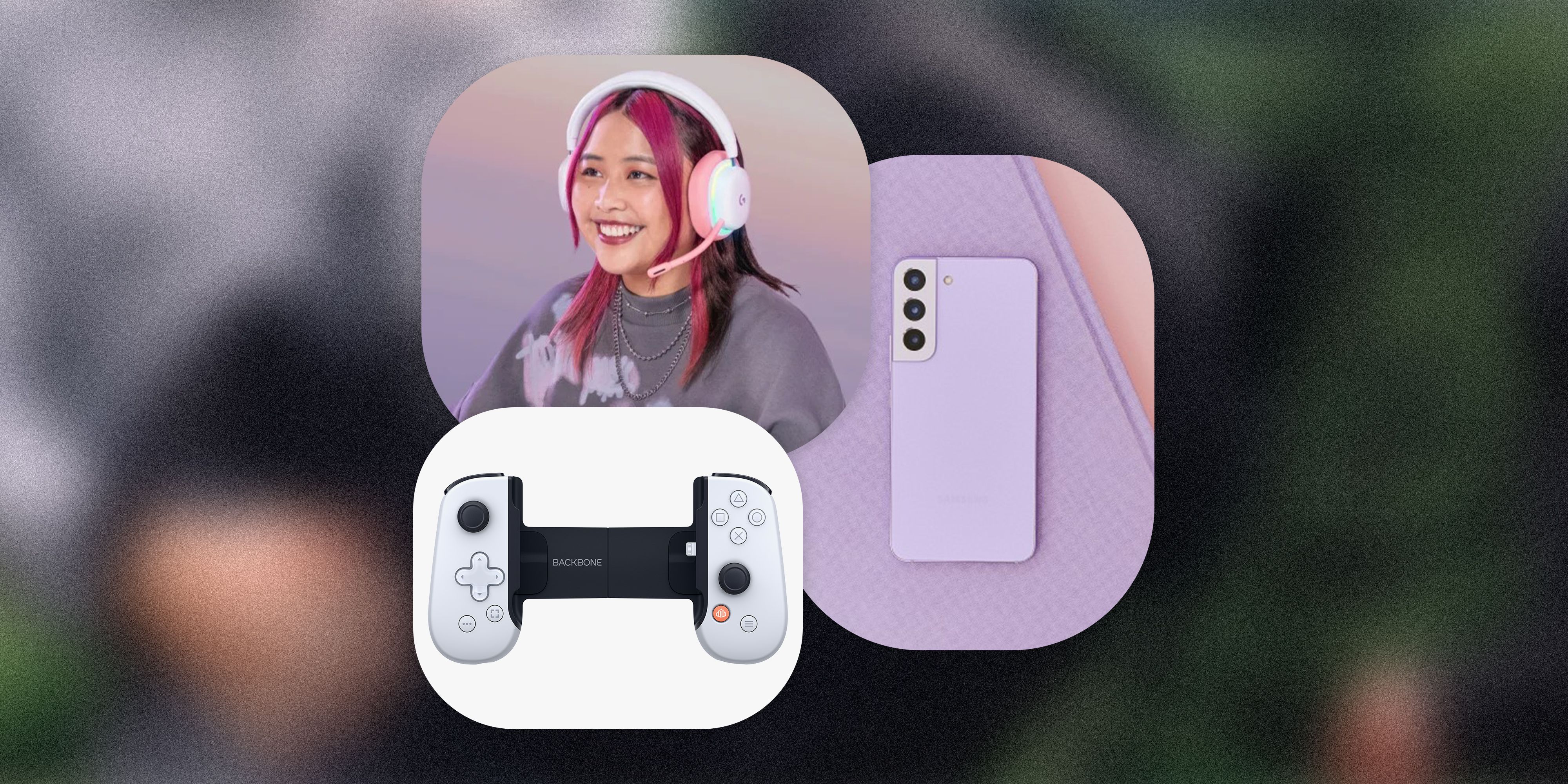 collage of a playstation console, woman wearing headphones, and a purple samsung phone
