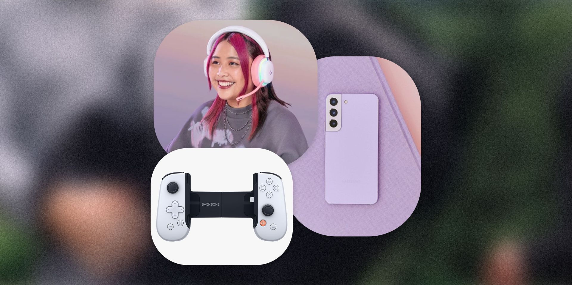 collage of a playstation console, woman wearing headphones, and a purple samsung phone