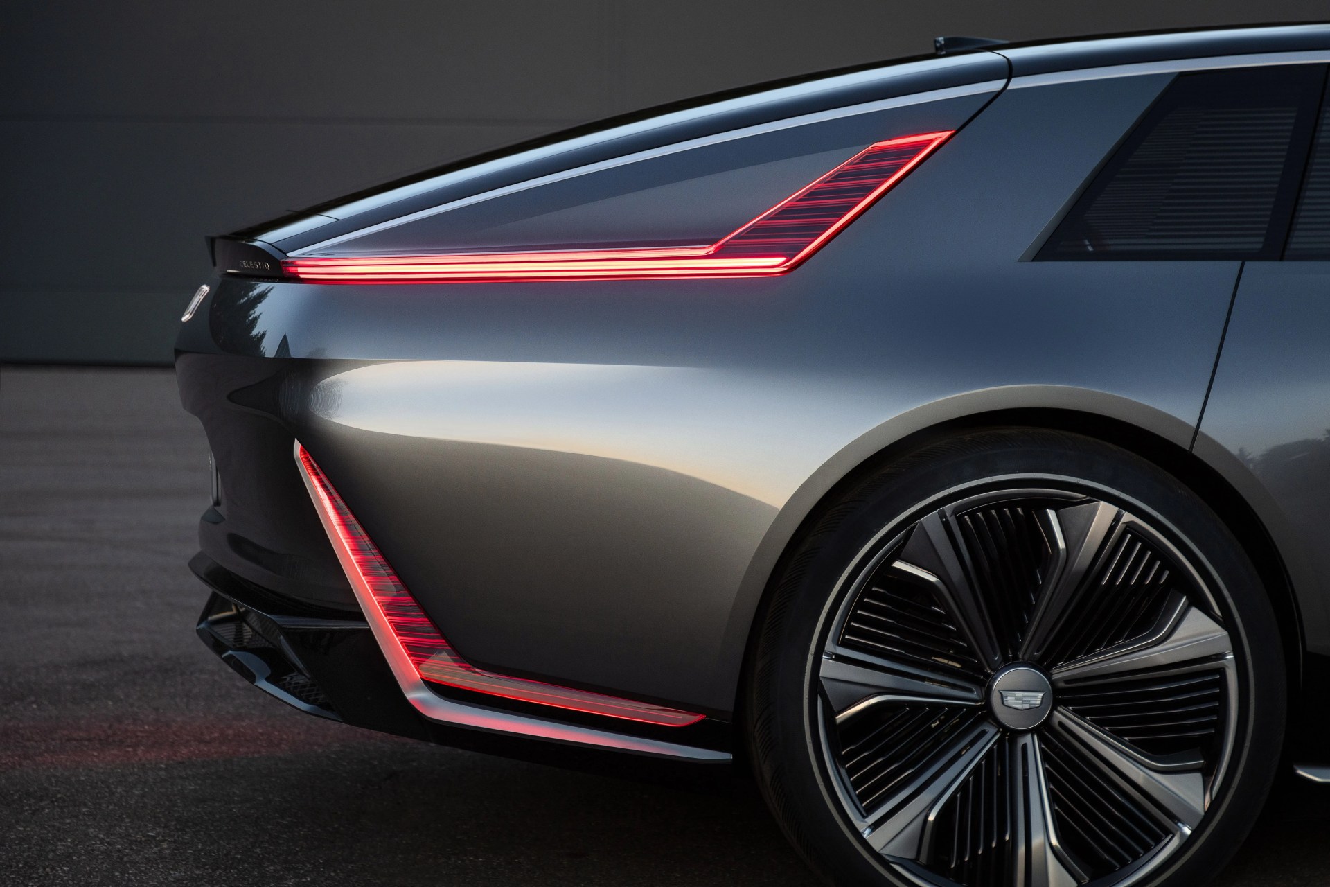 side profile of celestiq show car rear highlighting the taillights and back wheel show car images displayed throughout not for sale