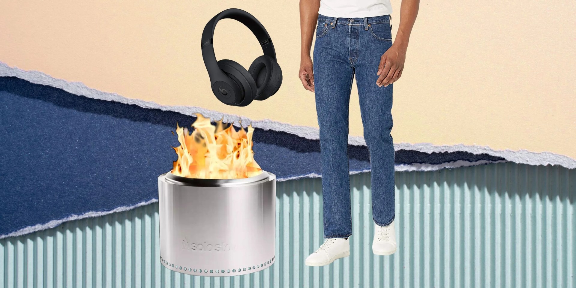 jeans, fire pit, headphones