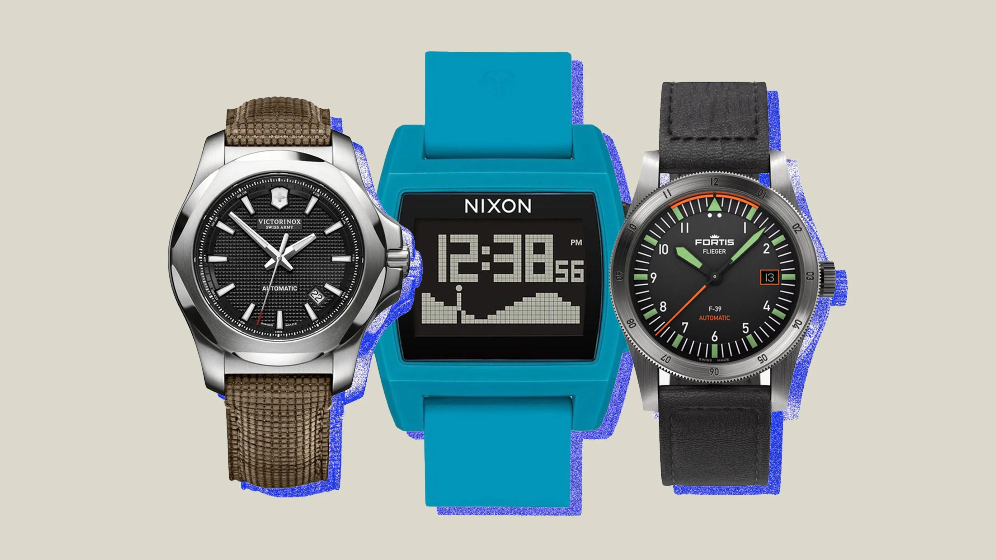 a collage featuring watches from victorinox, nixon and fortis