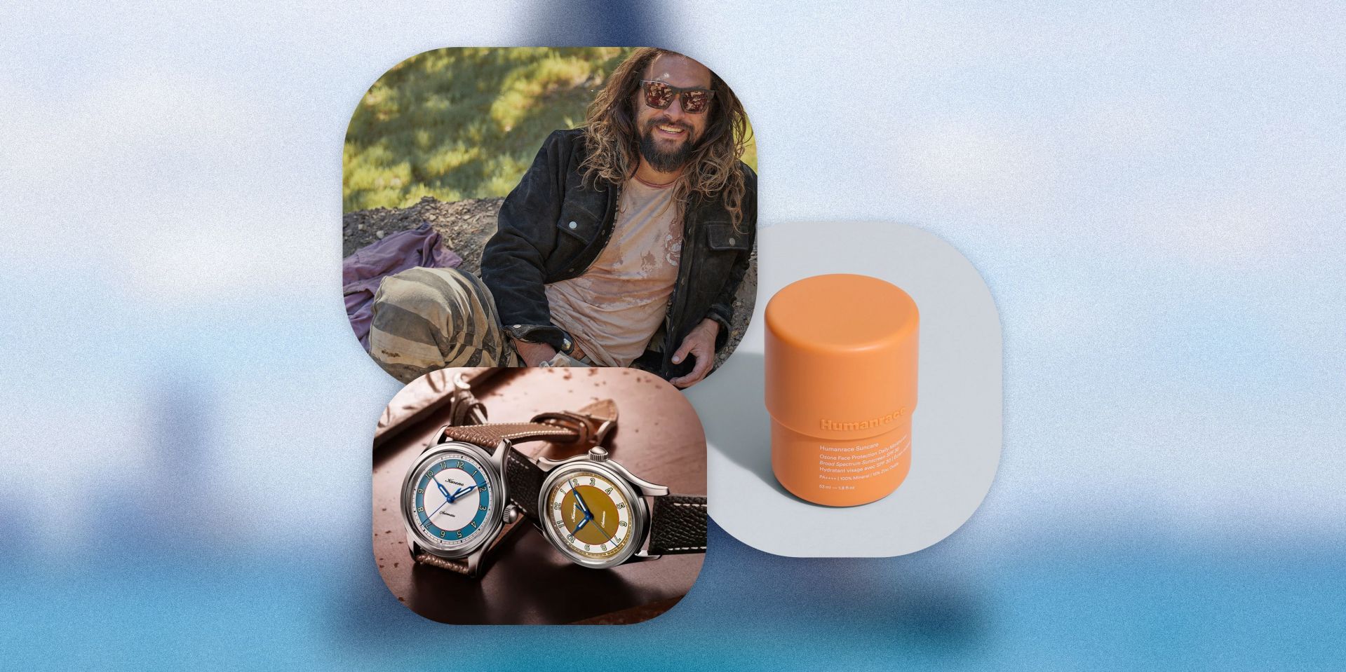 collage of jason momoa wearing the harley davidson ka paniolo jacket, two watches, and a face moisturizer