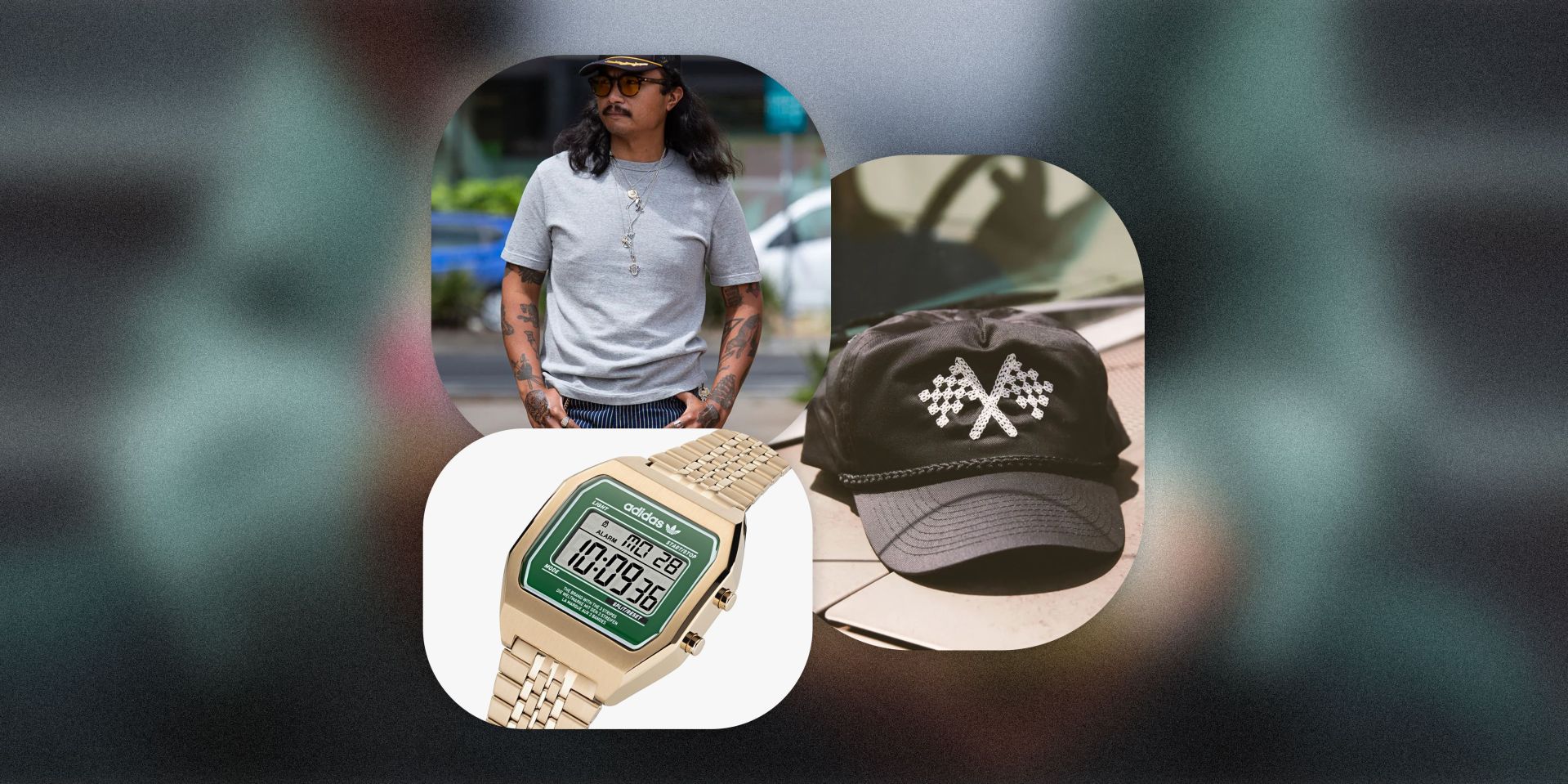 watch, hat, and man wearing a gray t shirt