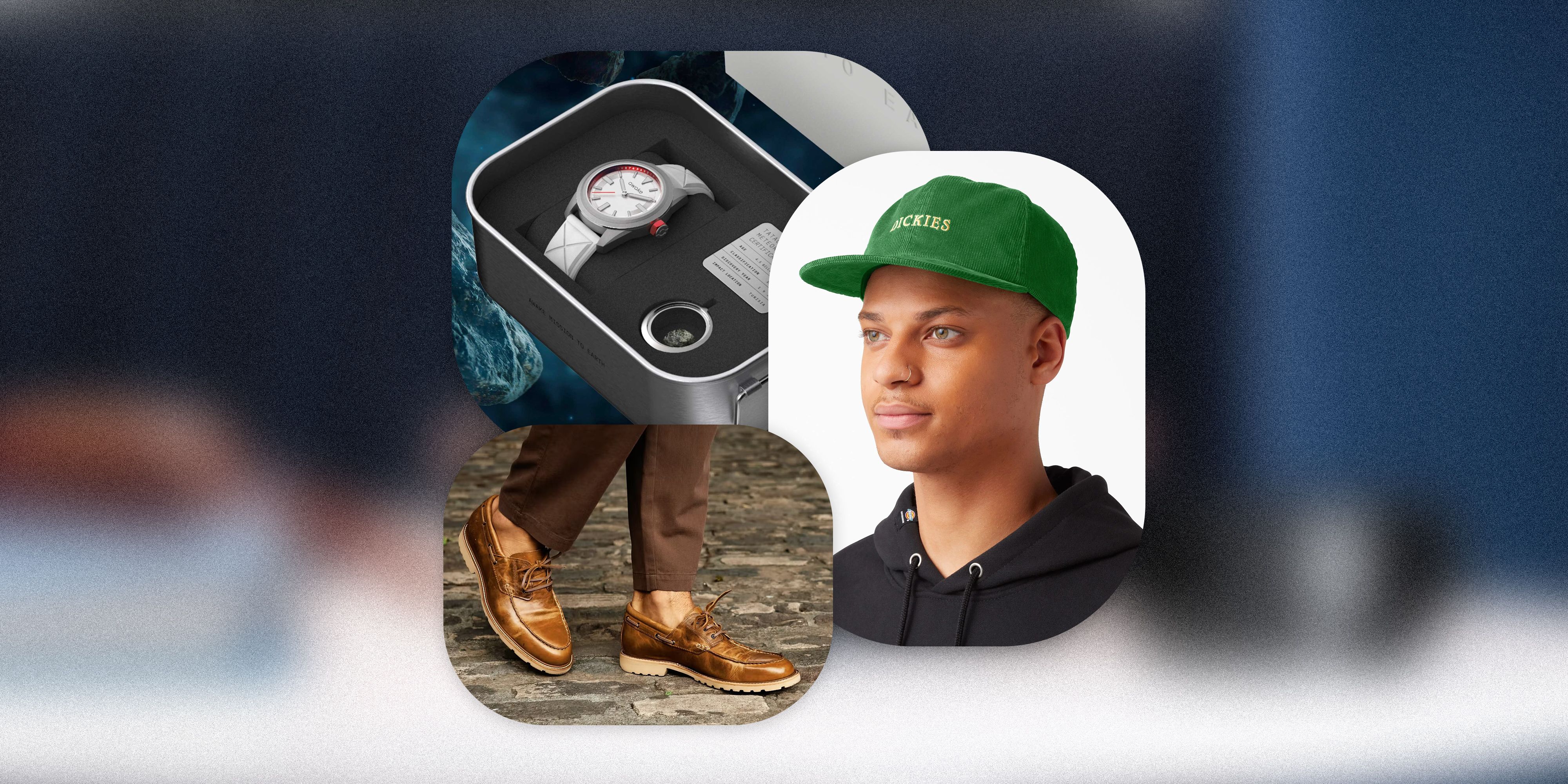 nasa watch in case, brown shoes, and man wearing green dickies hat