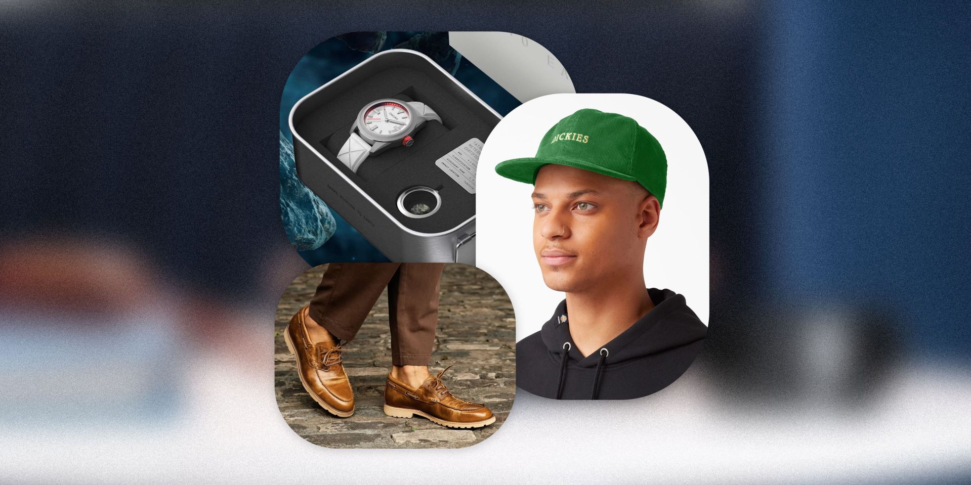 nasa watch in case, brown shoes, and man wearing green dickies hat