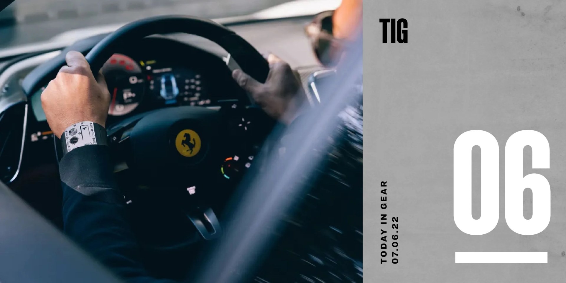today in gear july 6 2022 man driving a ferrari wearing richard mille x ferrari's thinnest watch