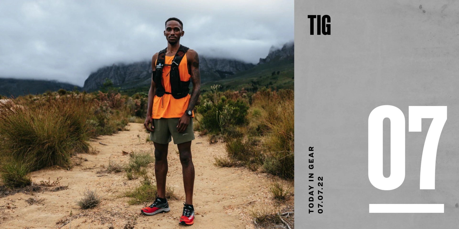 today in gear july 7 2022 man on a run through a dirt road with foggy mountains wearing merrell sneakers