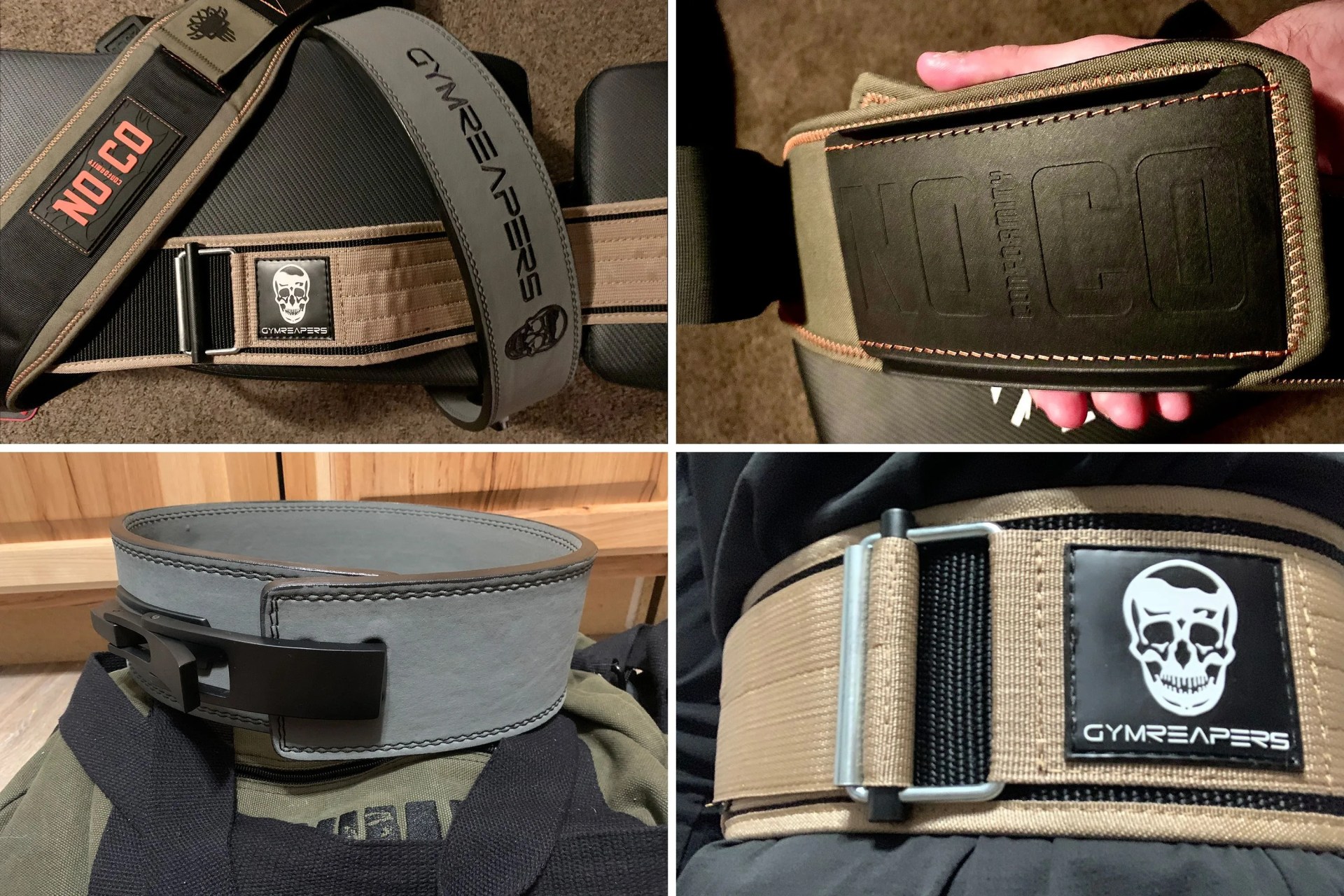 a collage featuring 2 gymreaper weightlifting belts and 1 noco weightlifting belt