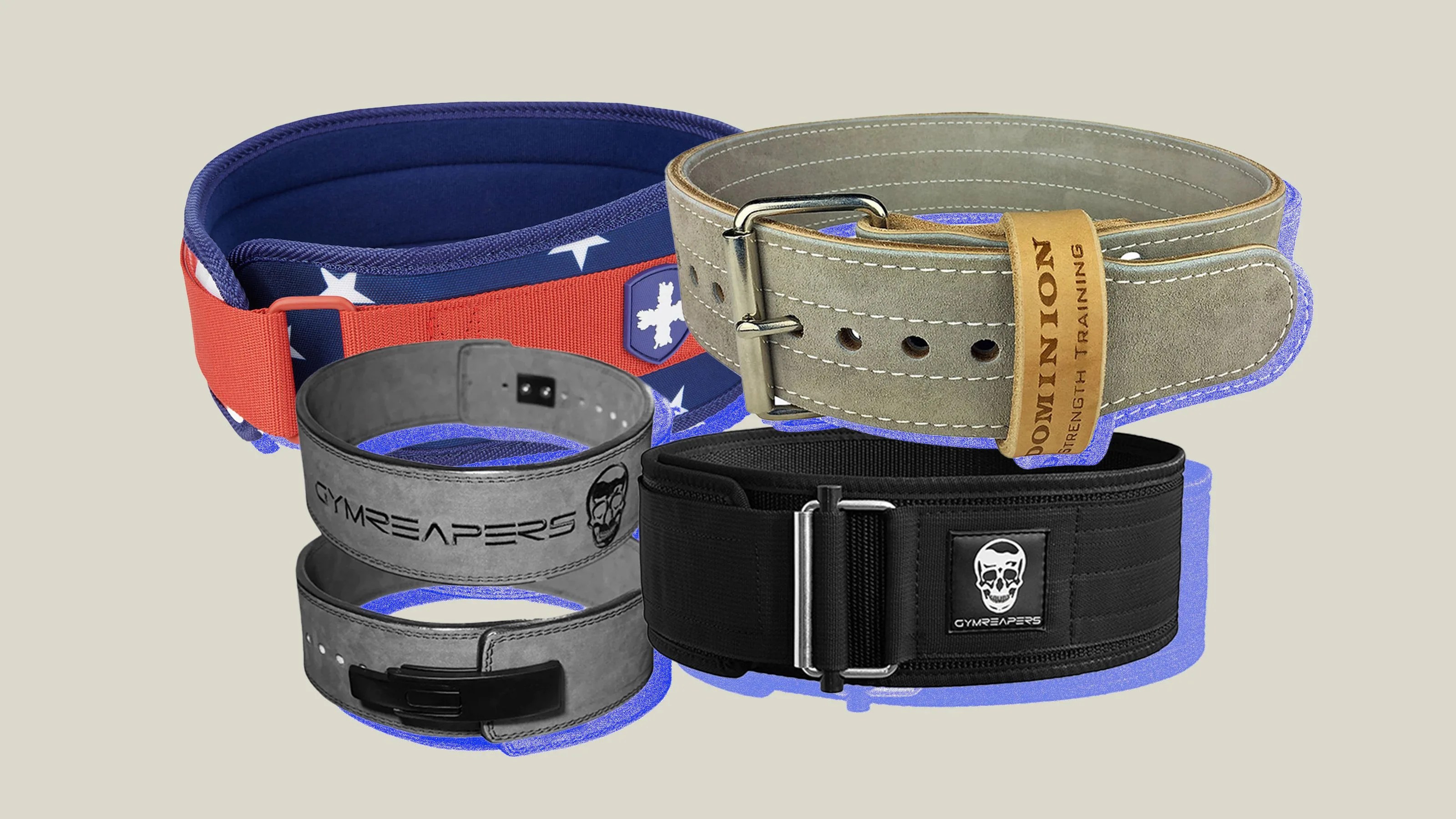 a collage featuring 4 weight lifting belts from the brands gymreaper, harbinger and dominion