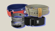 a collage featuring 4 weight lifting belts from the brands gymreaper, harbinger and dominion