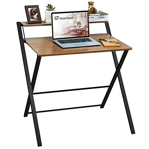 greenforest folding desk no assembly required, computer desk with 2 tier shelf foldable table for small spaces 295 x 2047 inch, espresso