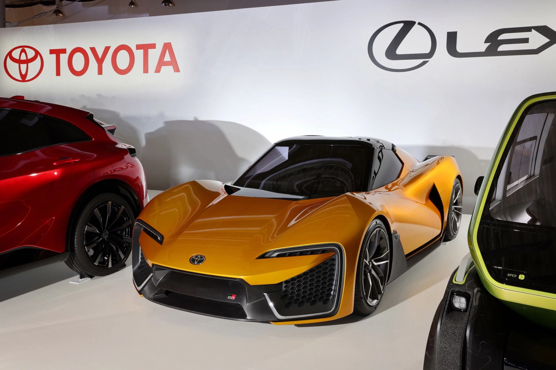 toyota sports ev electric car concept on a stage