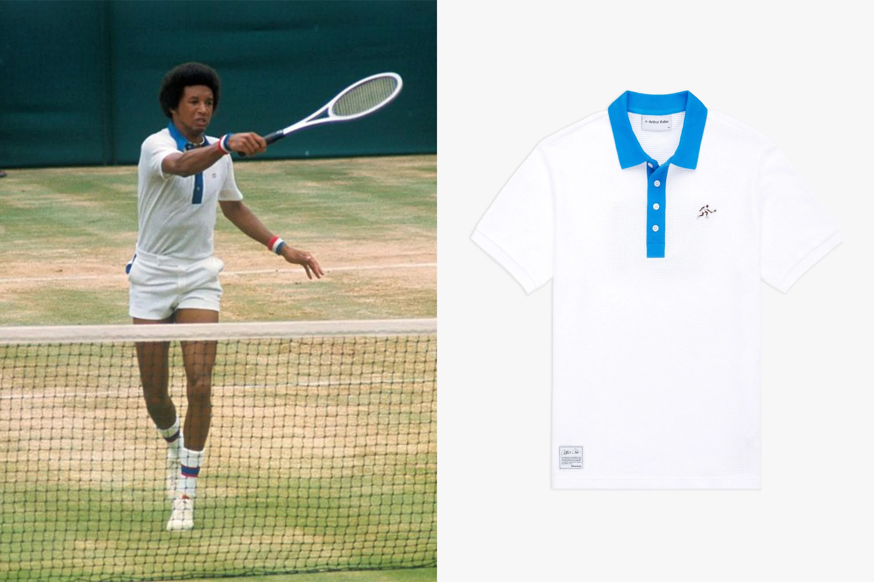 arthur ashe playing tennis next to a white arthur ashe polo shirt