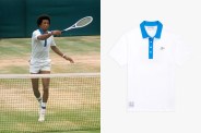 arthur ashe playing tennis next to a white arthur ashe polo shirt