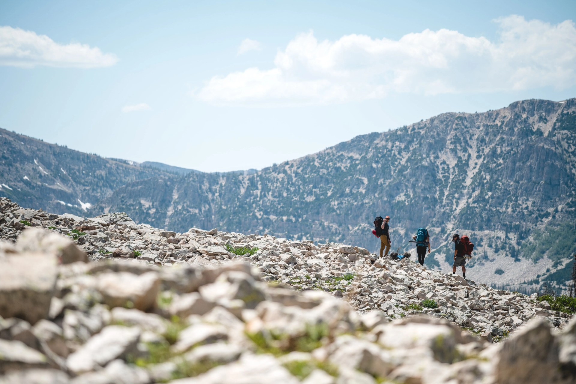 three people backpacking