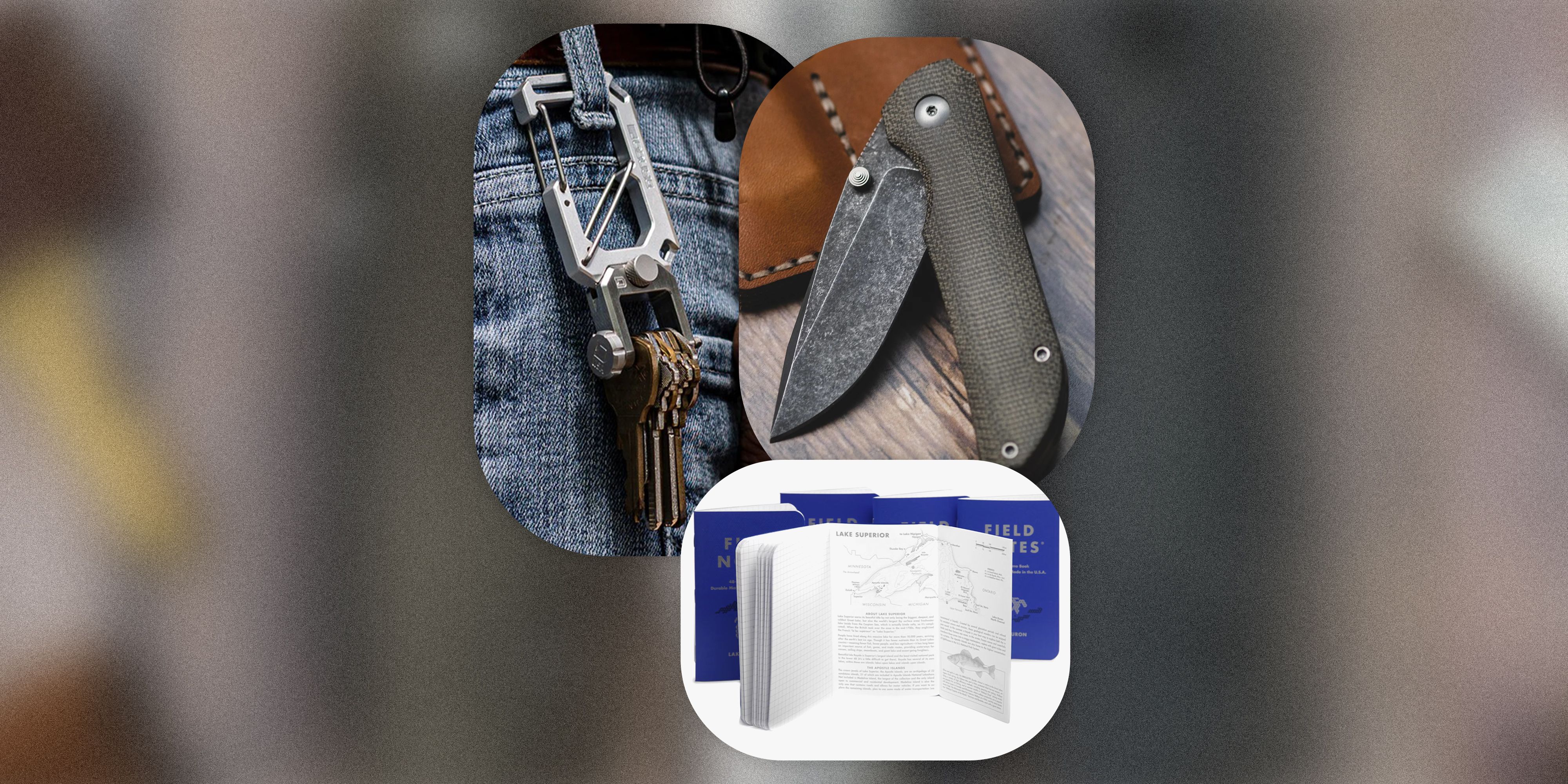 collage of keys hanging from a belt loop on a carabiner clip, pocket knife, and field notes books