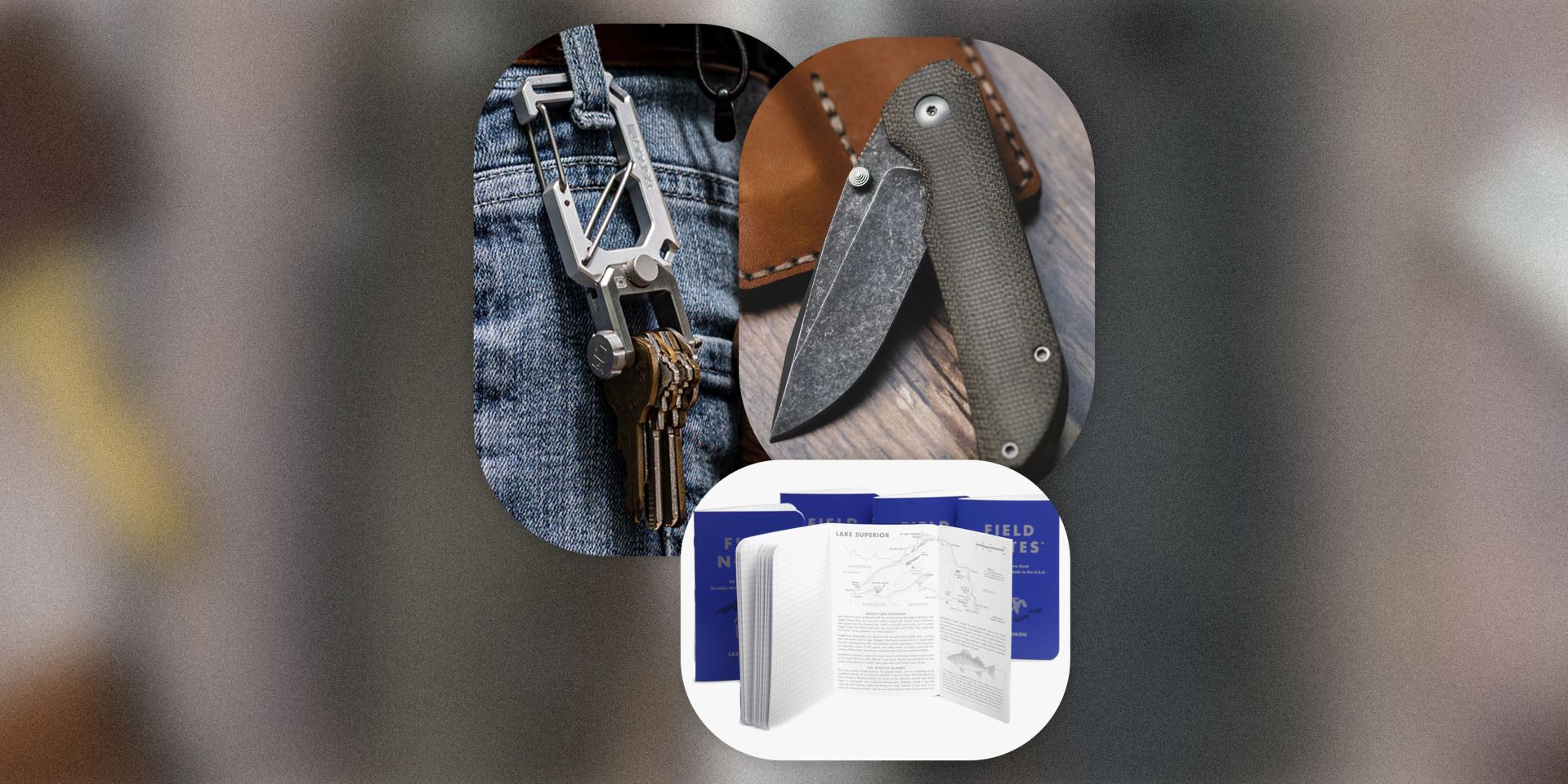 collage of keys hanging from a belt loop on a carabiner clip, pocket knife, and field notes books