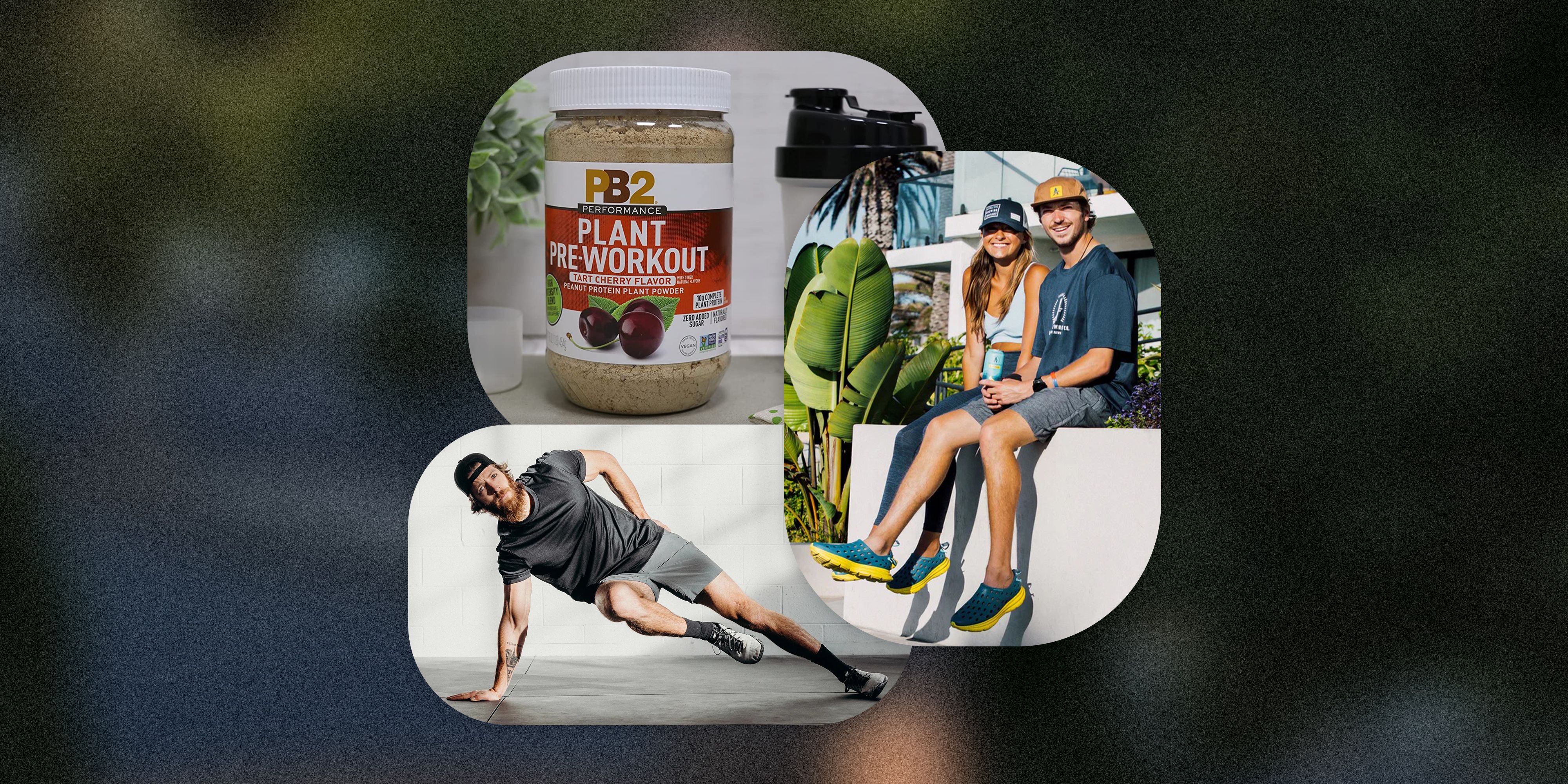 pb2 pre workout, man doing side planks, and two people sitting on a wall drinking athletic beer