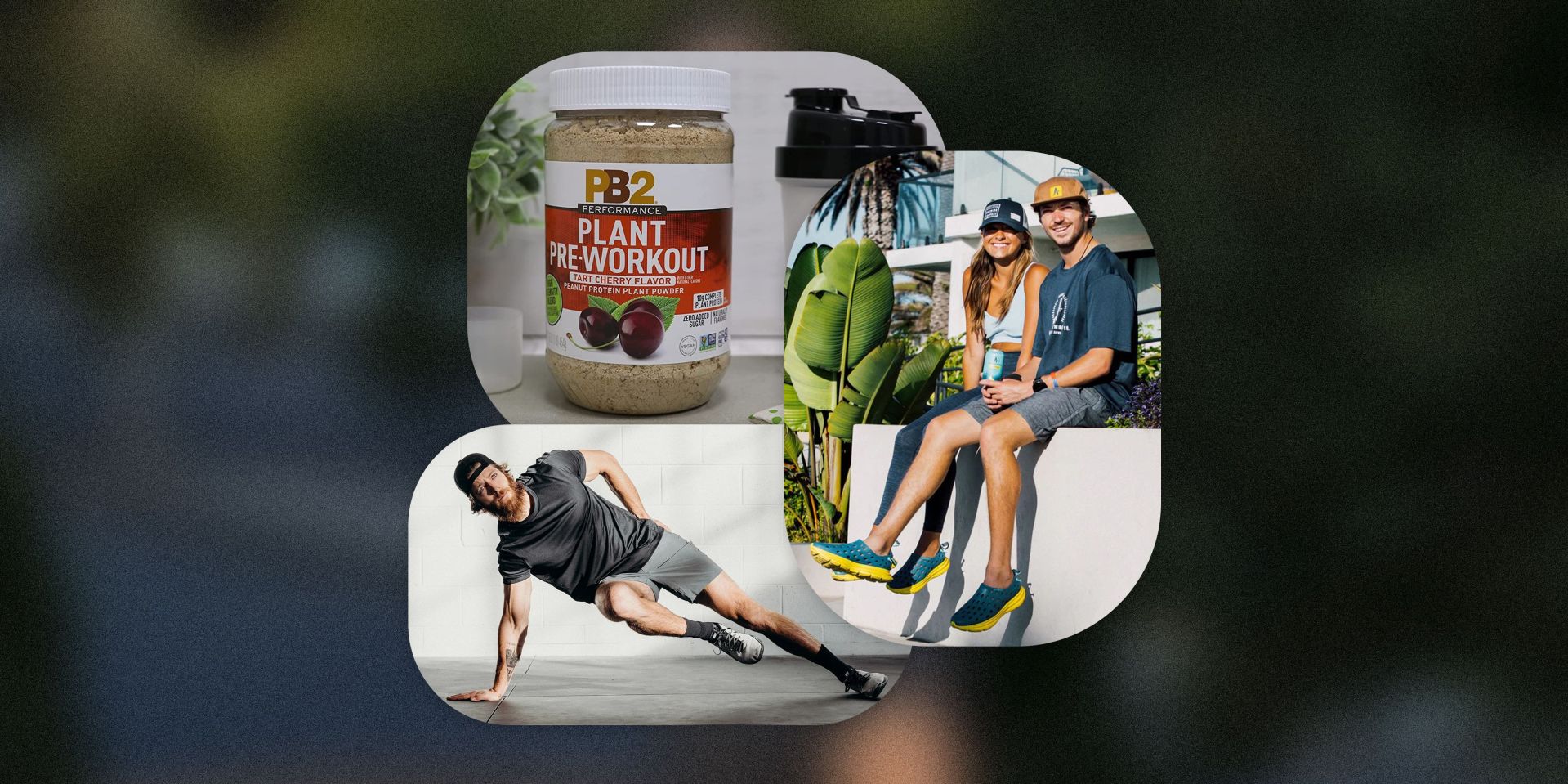 pb2 pre workout, man doing side planks, and two people sitting on a wall drinking athletic beer