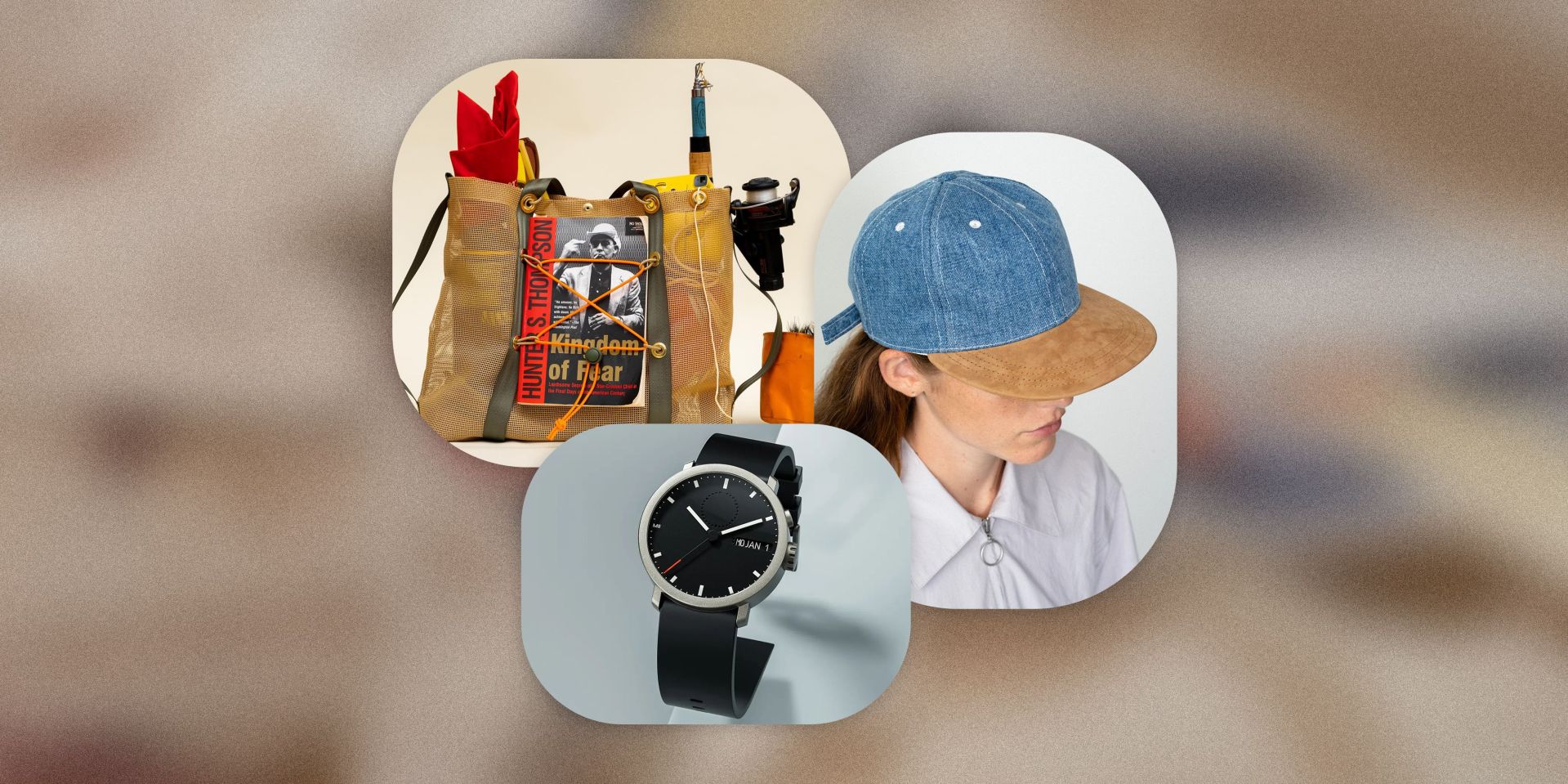 collage of a tote bag, denim hat, and black watch