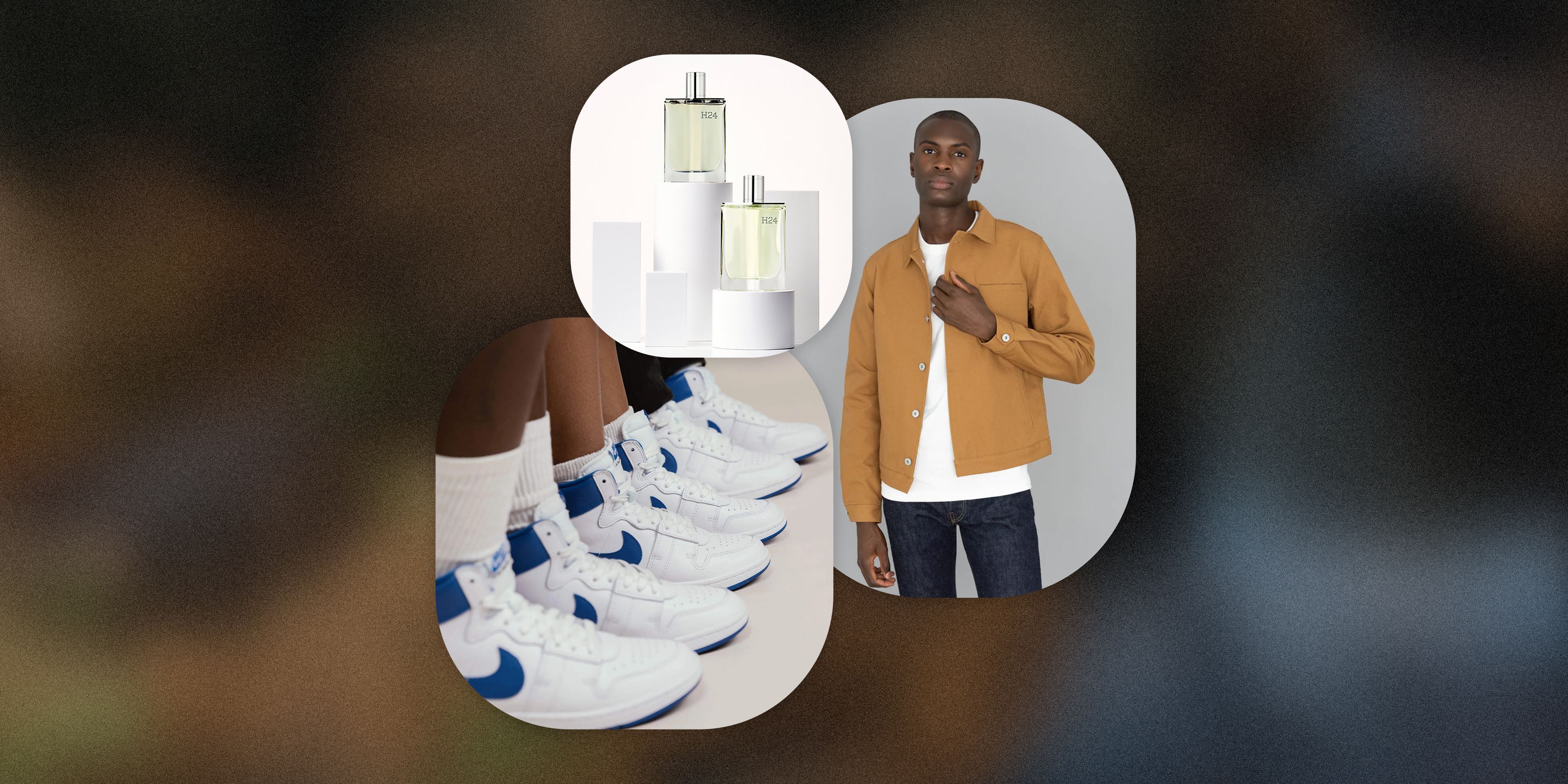 collage of perfume, nike shoes, and a man wearing a mustard colored jacket with white tee