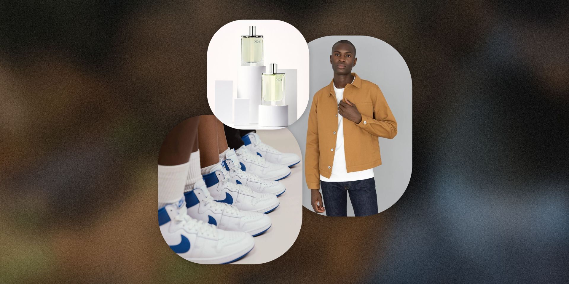 collage of perfume, nike shoes, and a man wearing a mustard colored jacket with white tee