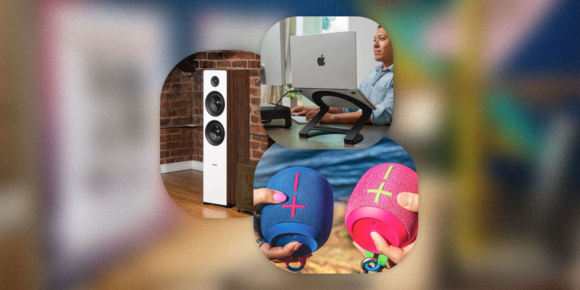 collage of speakers and a laptop on a laptop stand