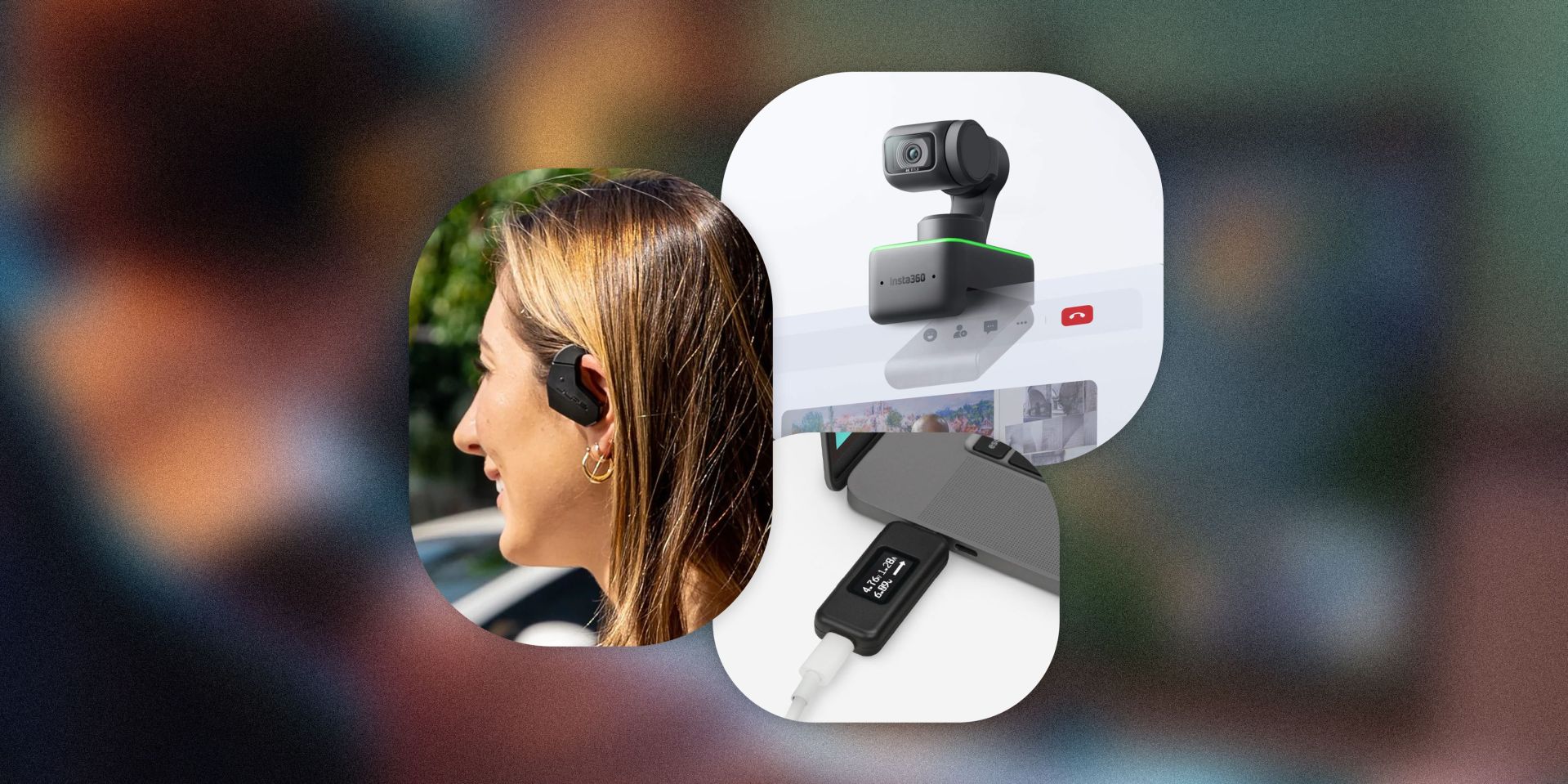 collage of woman wearing ear bud, a webcam, and a usb stick plugged into a laptop