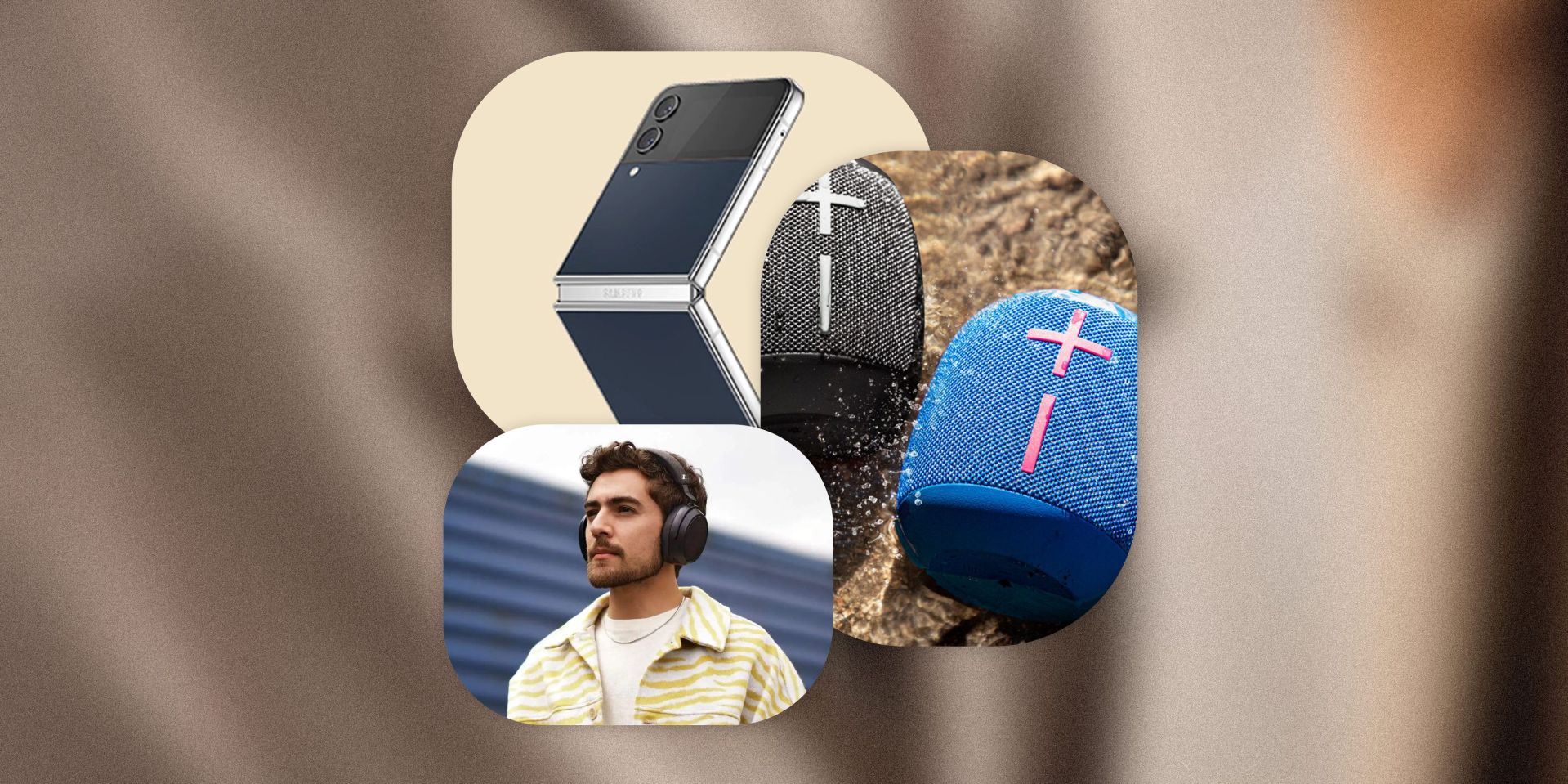a collage image featuring a samsung galaxy z flip4, sennheiser momentum 4 wireless headphones and the ue wonderboom 3